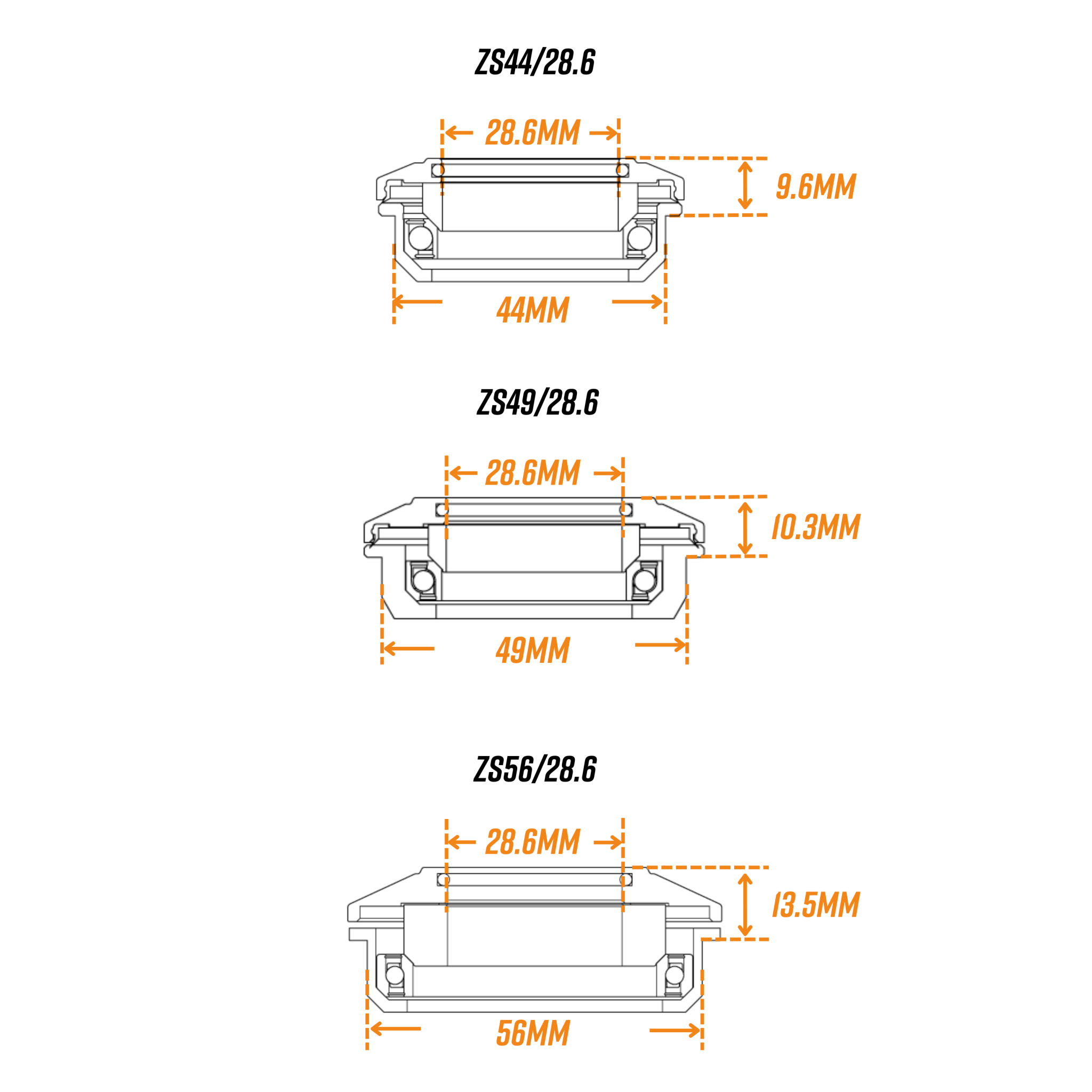 FUNN Descend Upper Headset diagram showing alloy cup profile with ZS44, ZS49 and ZS56 sizes and detailed millimeter measurements.