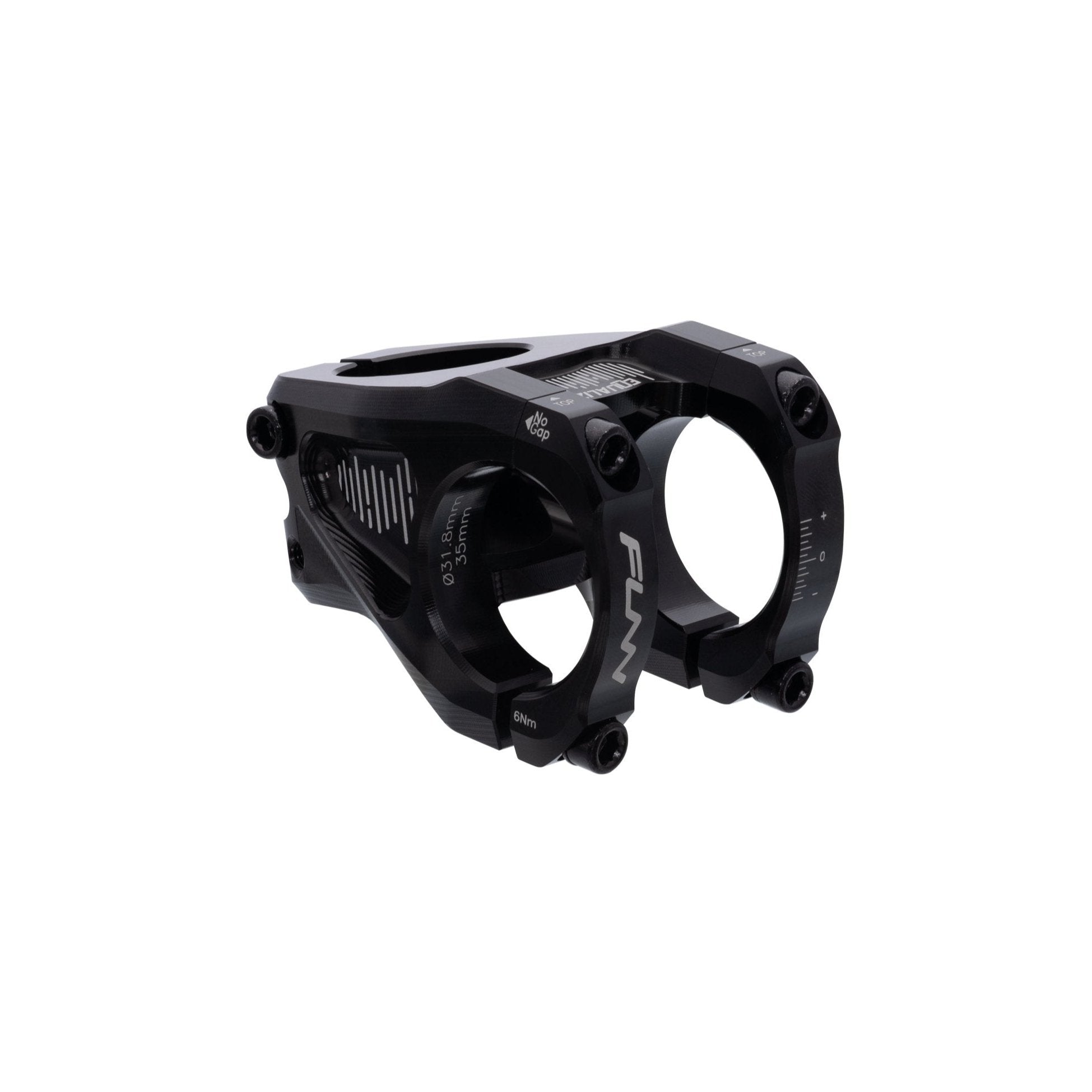 Black FUNN Equalizer Stem, CNC alloy, 31.8 clamp, 35mm length, adjustable 10mm rise or 10mm drop for mountain bike handlebars