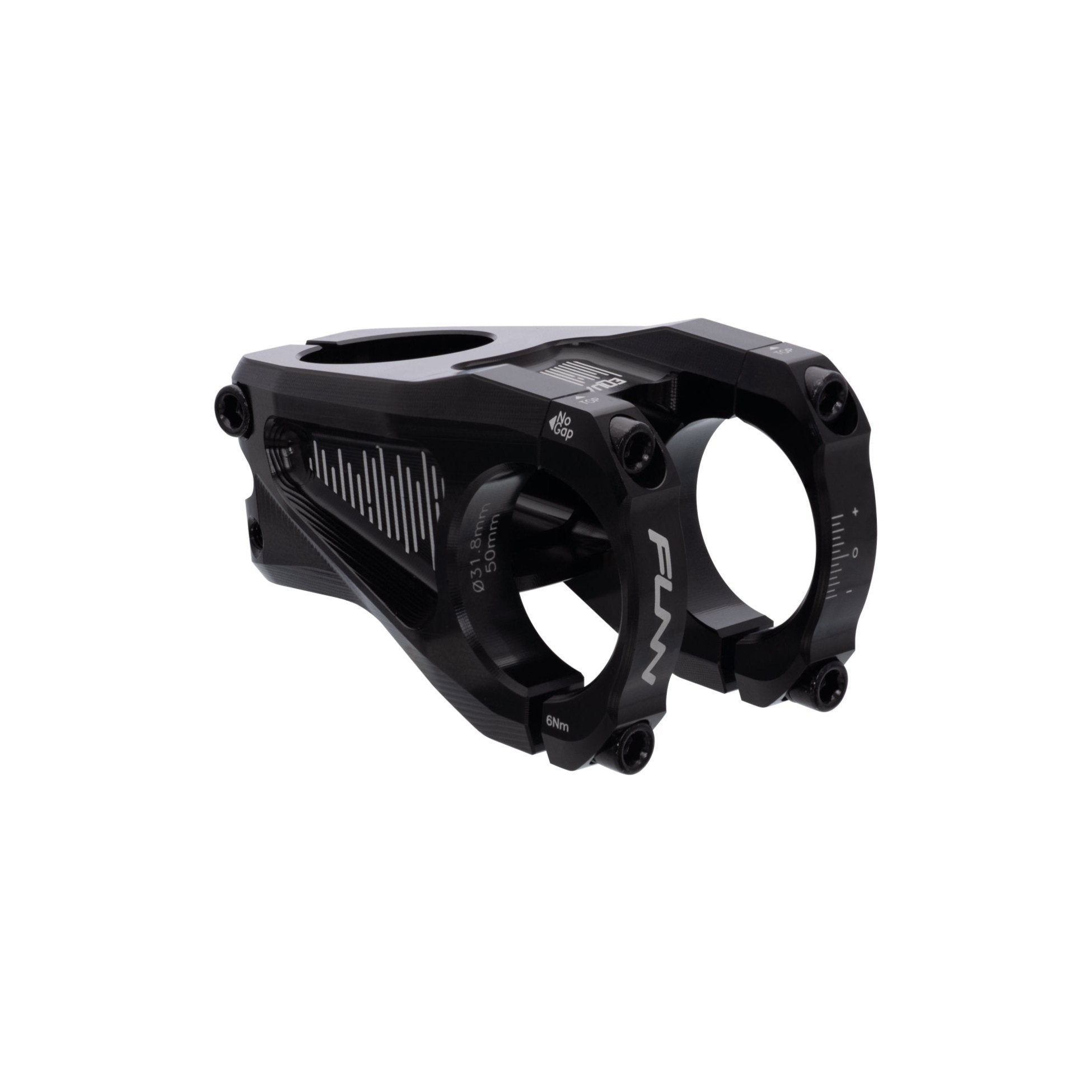 Black FUNN Equalizer Stem, 31.8mm clamp, 50mm length, alloy bike stem with CNC design and four-bolt faceplate for secure handlebar control