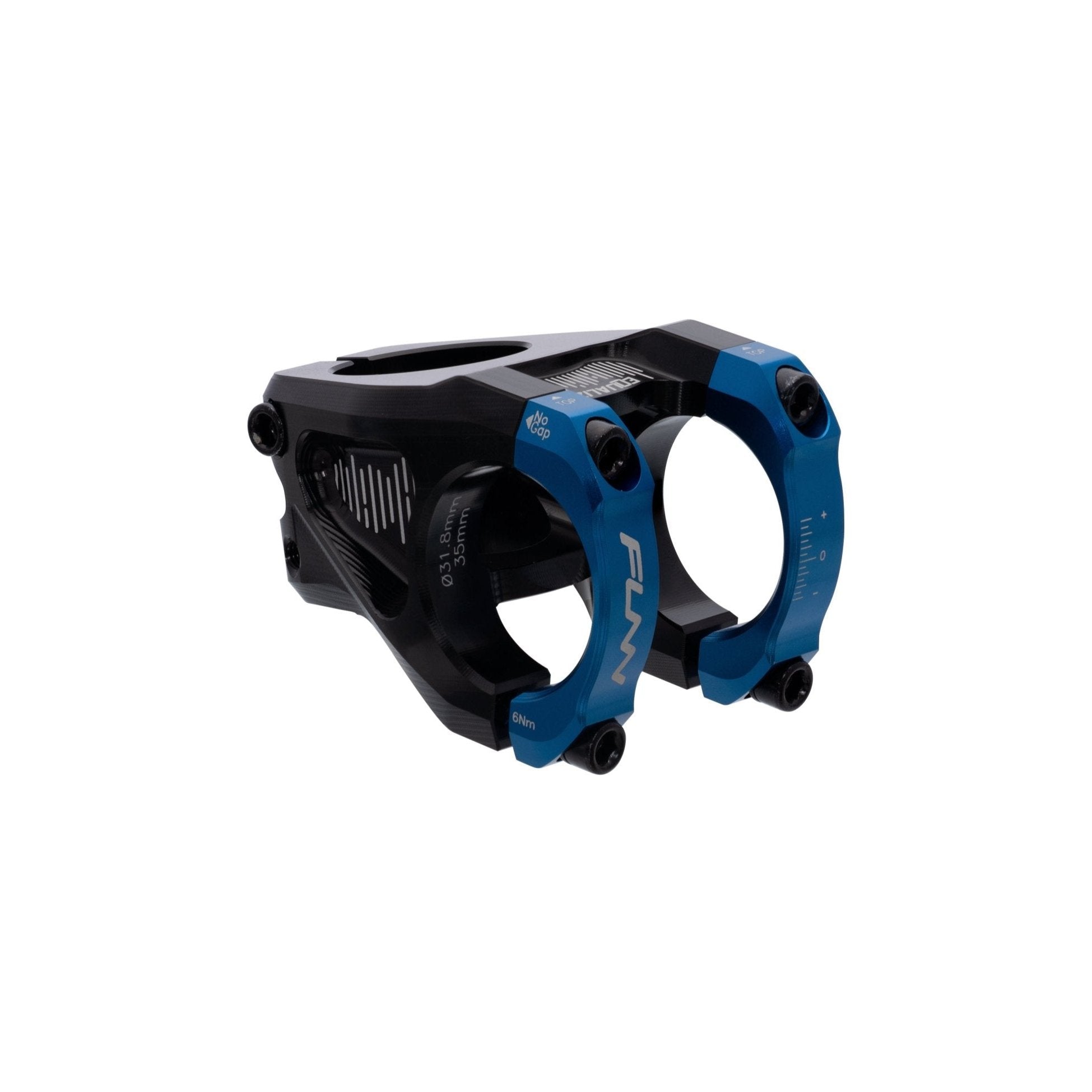 FUNN Equalizer Stem with blue face clamps, black CNC alloy body for MTB handlebars and precise cockpit adjustment