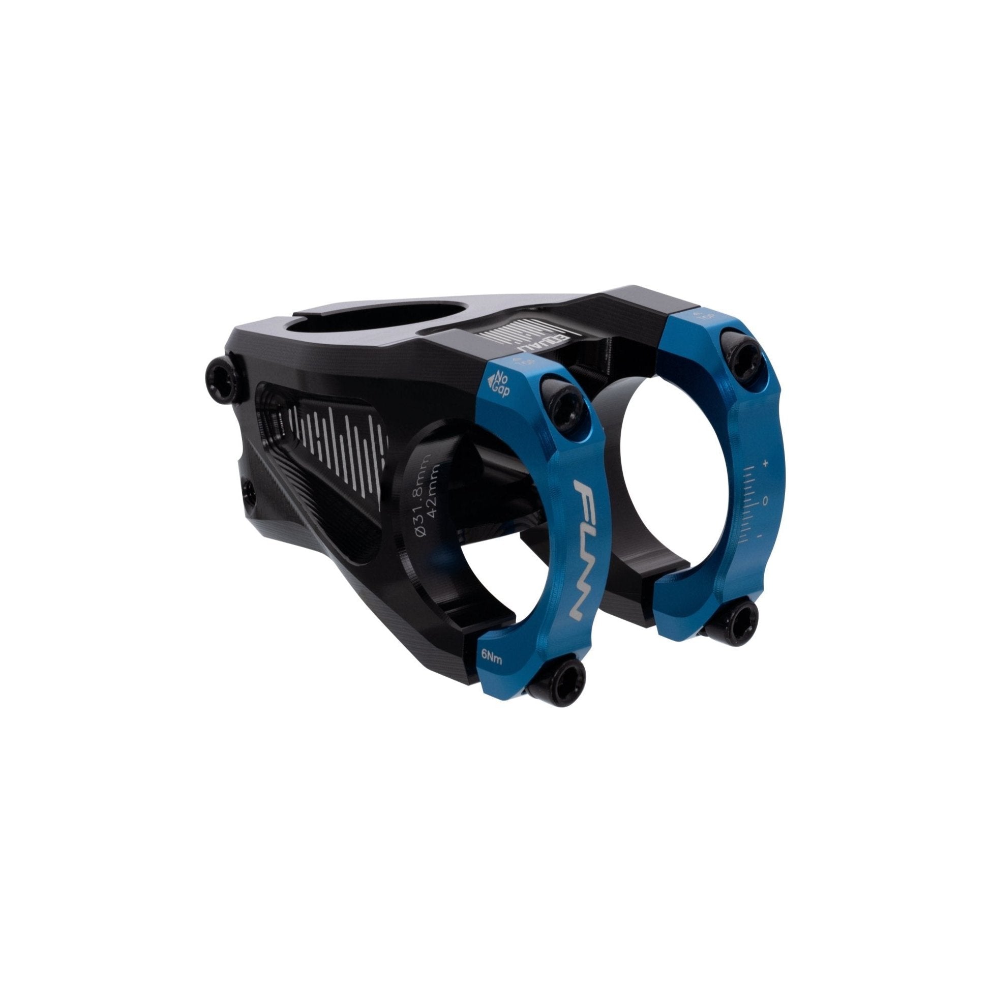 FUNN Equalizer Stem with blue face clamps, black CNC alloy body and dual clamp design for secure mountain bike handlebar control