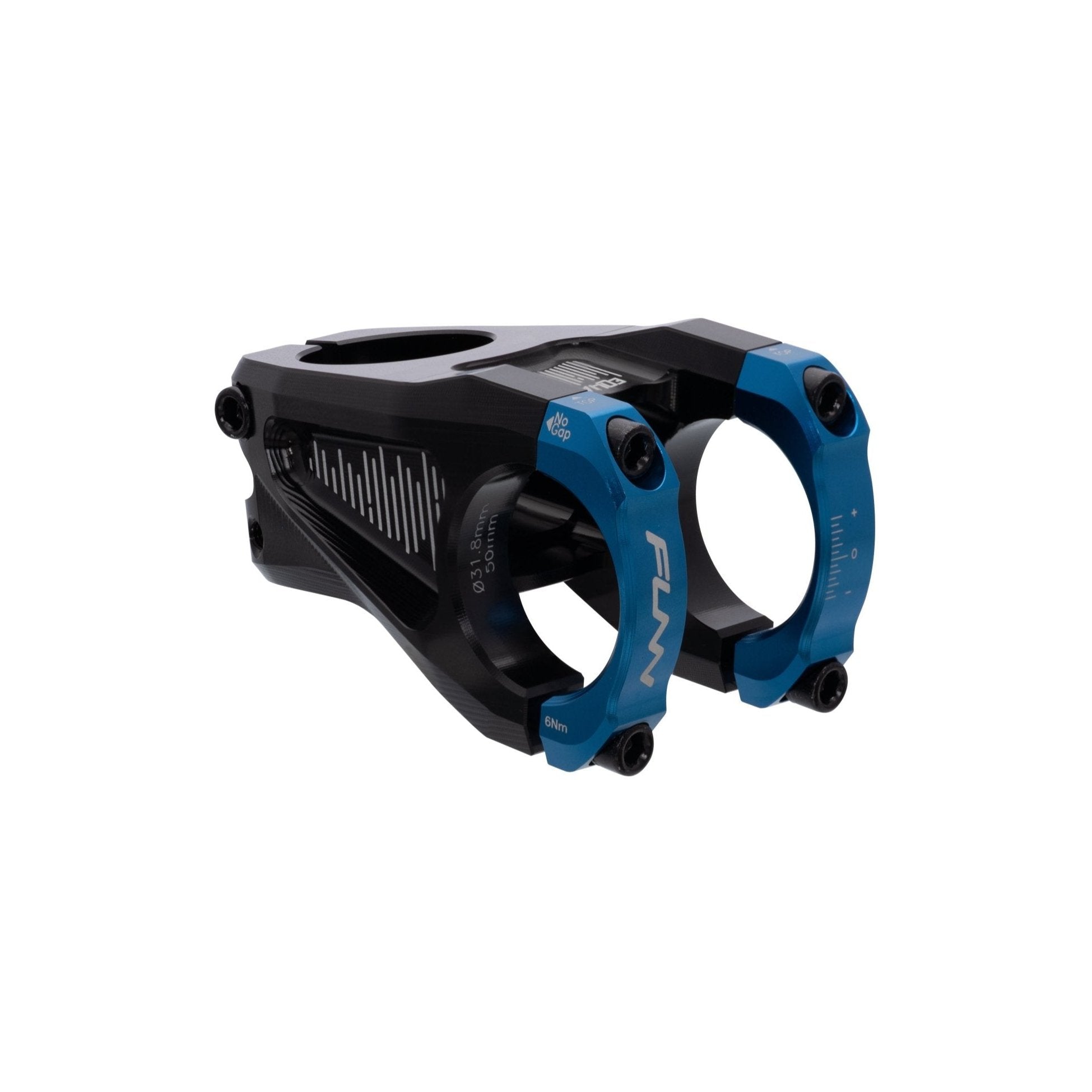 FUNN Equalizer Stem 50mm, 31.8mm clamp, black alloy body with blue faceplate for mountain bike handlebars