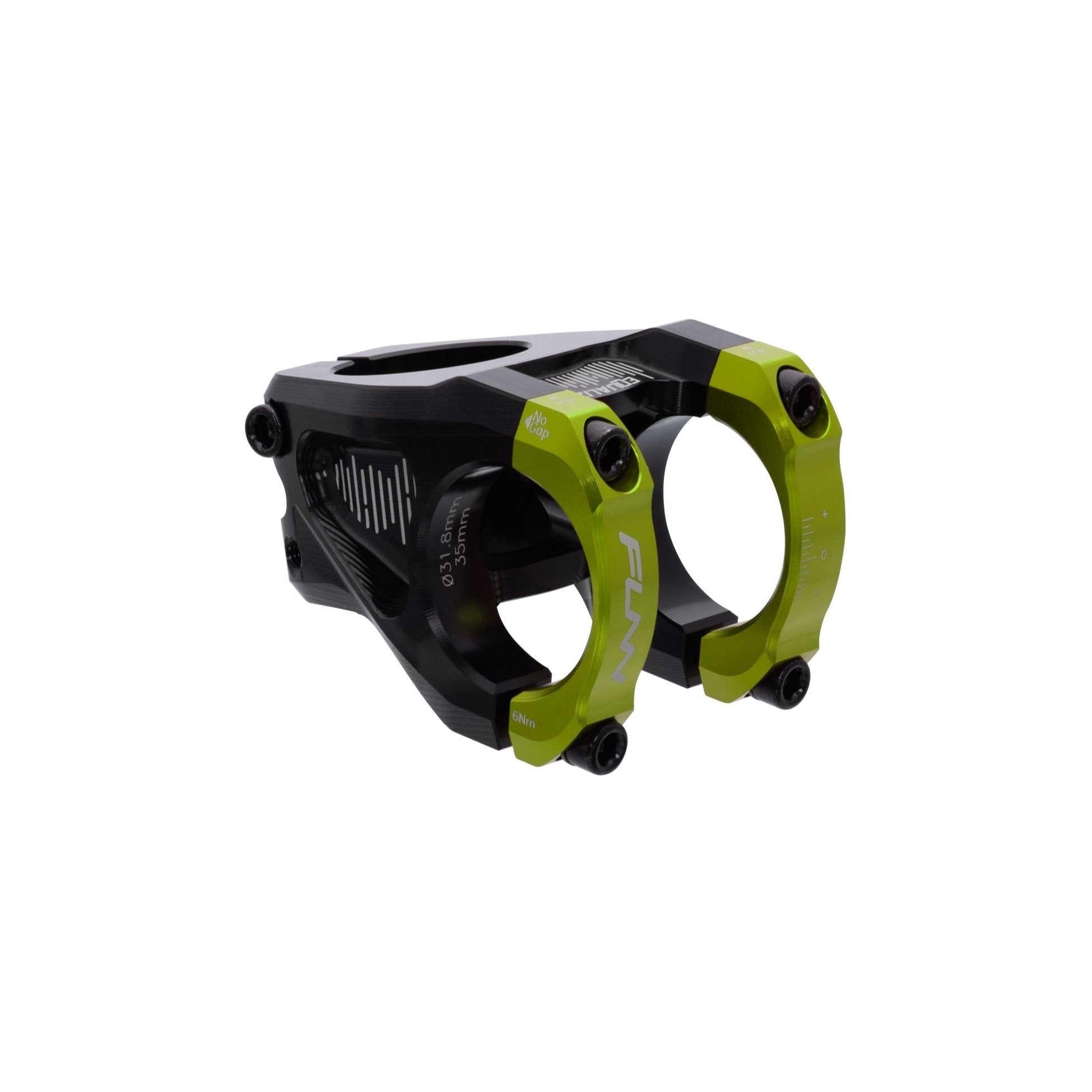 FUNN Equalizer Stem with green face clamps, black CNC alloy body, front-loading mountain bike handlebar stem