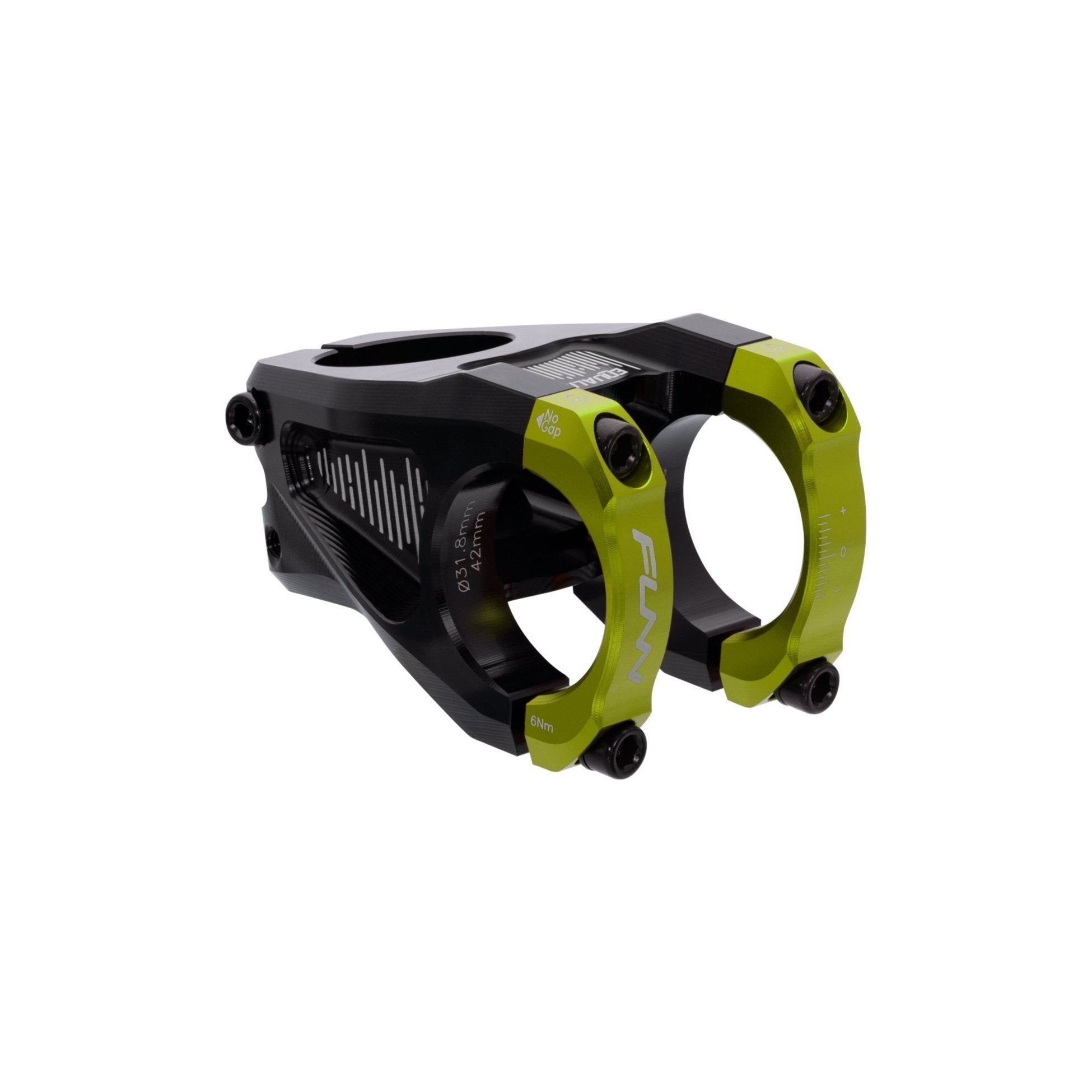 FUNN Equalizer Stem with green face clamps, black CNC alloy mountain bike handlebar stem for precise, secure cockpit setup