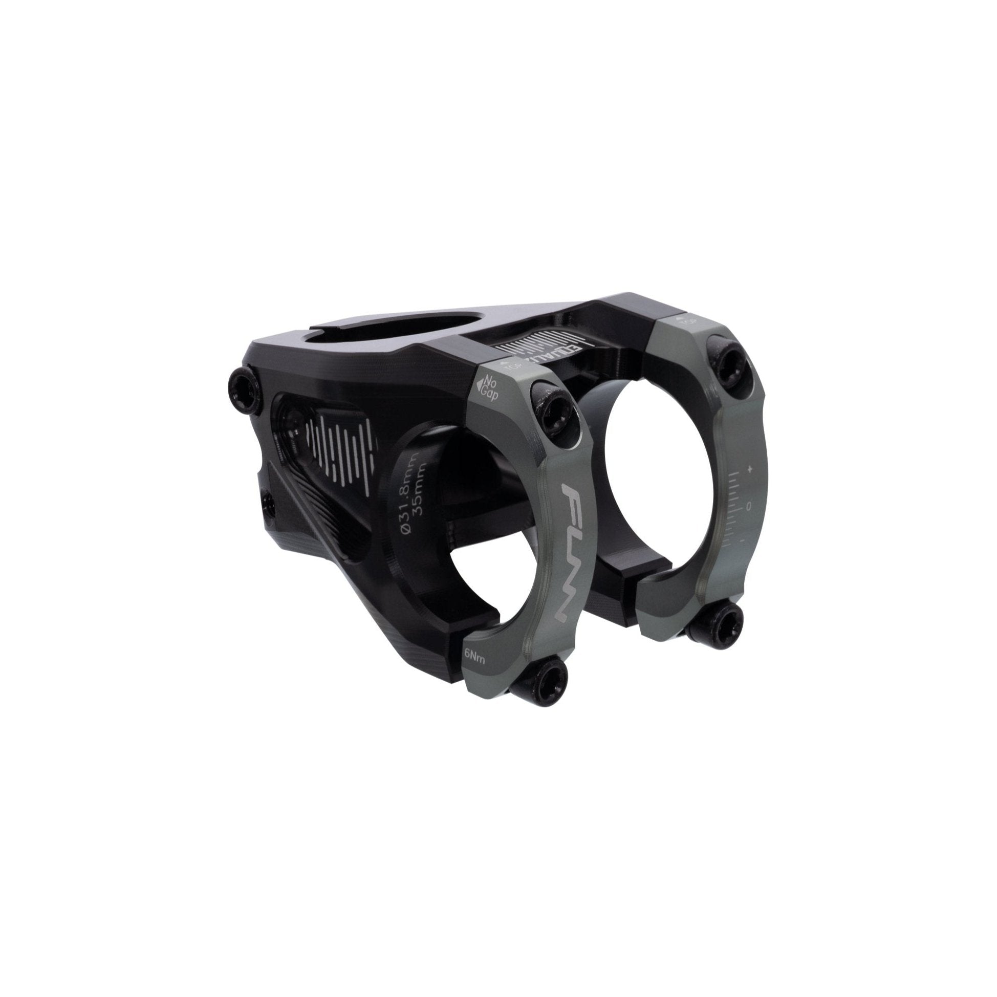 FUNN Equalizer Stem with grey face clamps, black CNC alloy mountain bike handlebar stem for precise, secure steering control