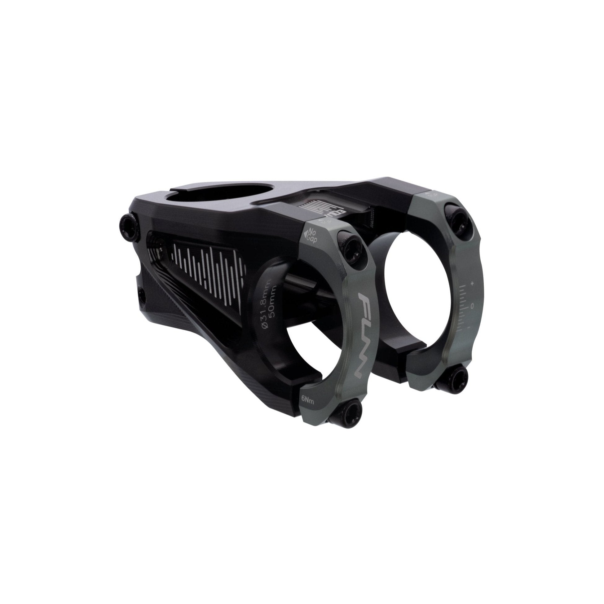 FUNN Equalizer Stem, black alloy 31.8mm clamp, 50mm length, dual-bolt grey faceplate for precise MTB handlebar control