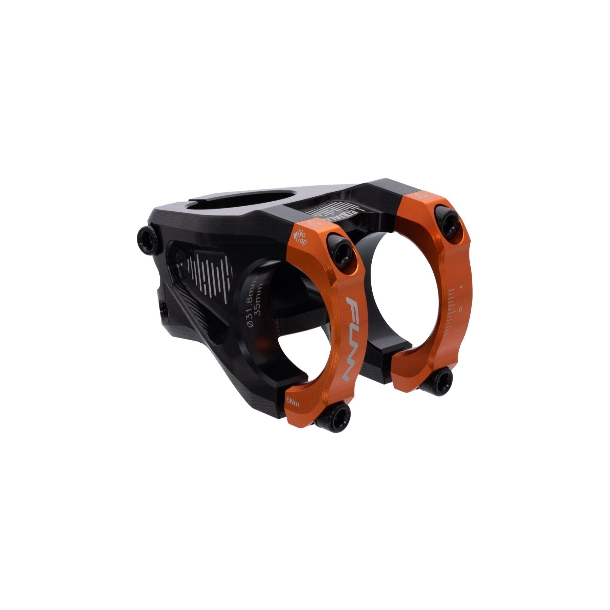 FUNN Equalizer Stem with CNC black alloy body and bright orange face clamps for secure MTB handlebar mounting
