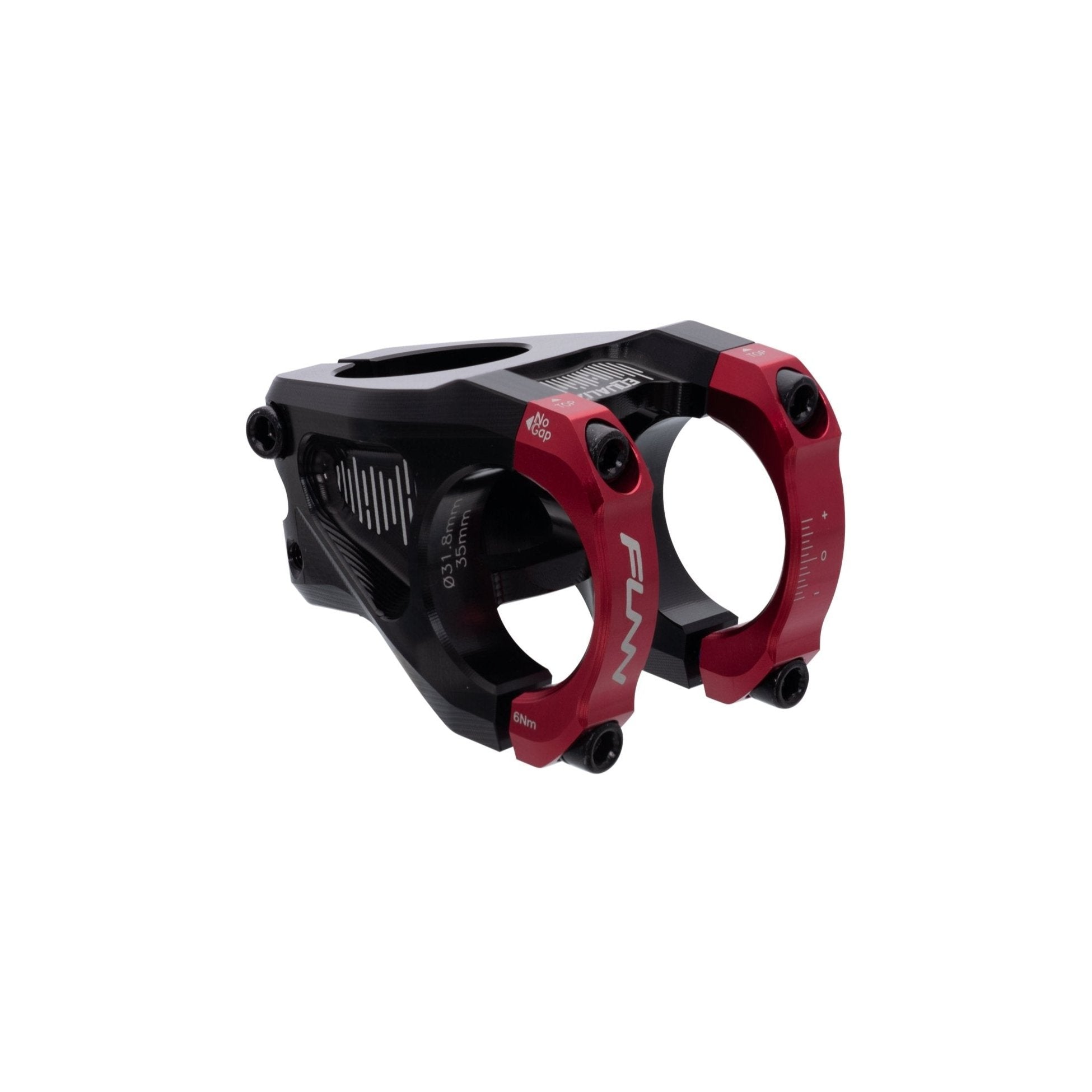 FUNN Equalizer Stem with CNC black alloy body and dual red face clamps for secure mountain bike handlebar mounting