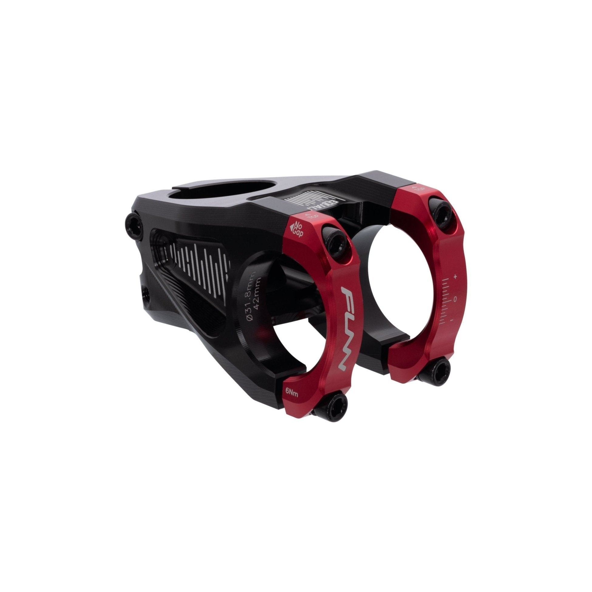 FUNN Equalizer Stem with CNC black body and red face clamps for mountain bike handlebars, lightweight alloy design