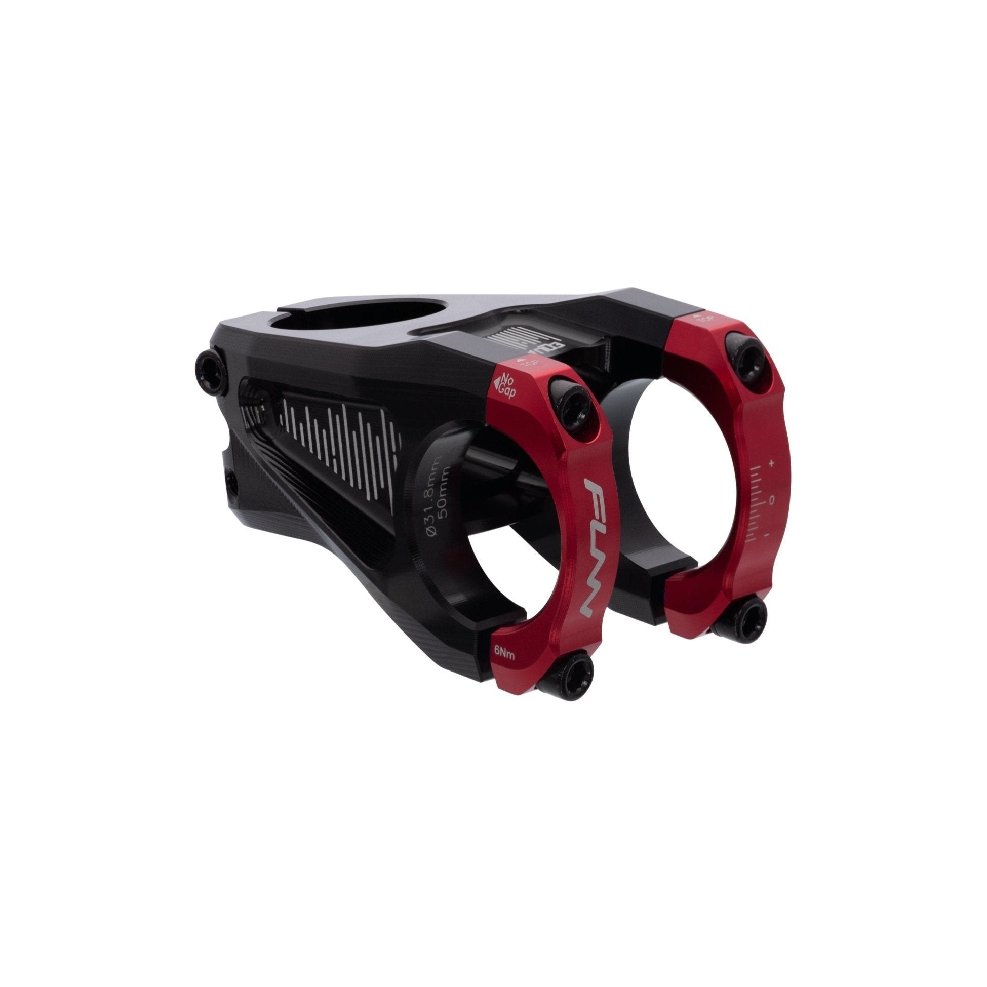 FUNN Equalizer Stem 31.8mm clamps, 50mm length, black CNC alloy mountain bike handlebar stem with dual red faceplates and bolt clamps