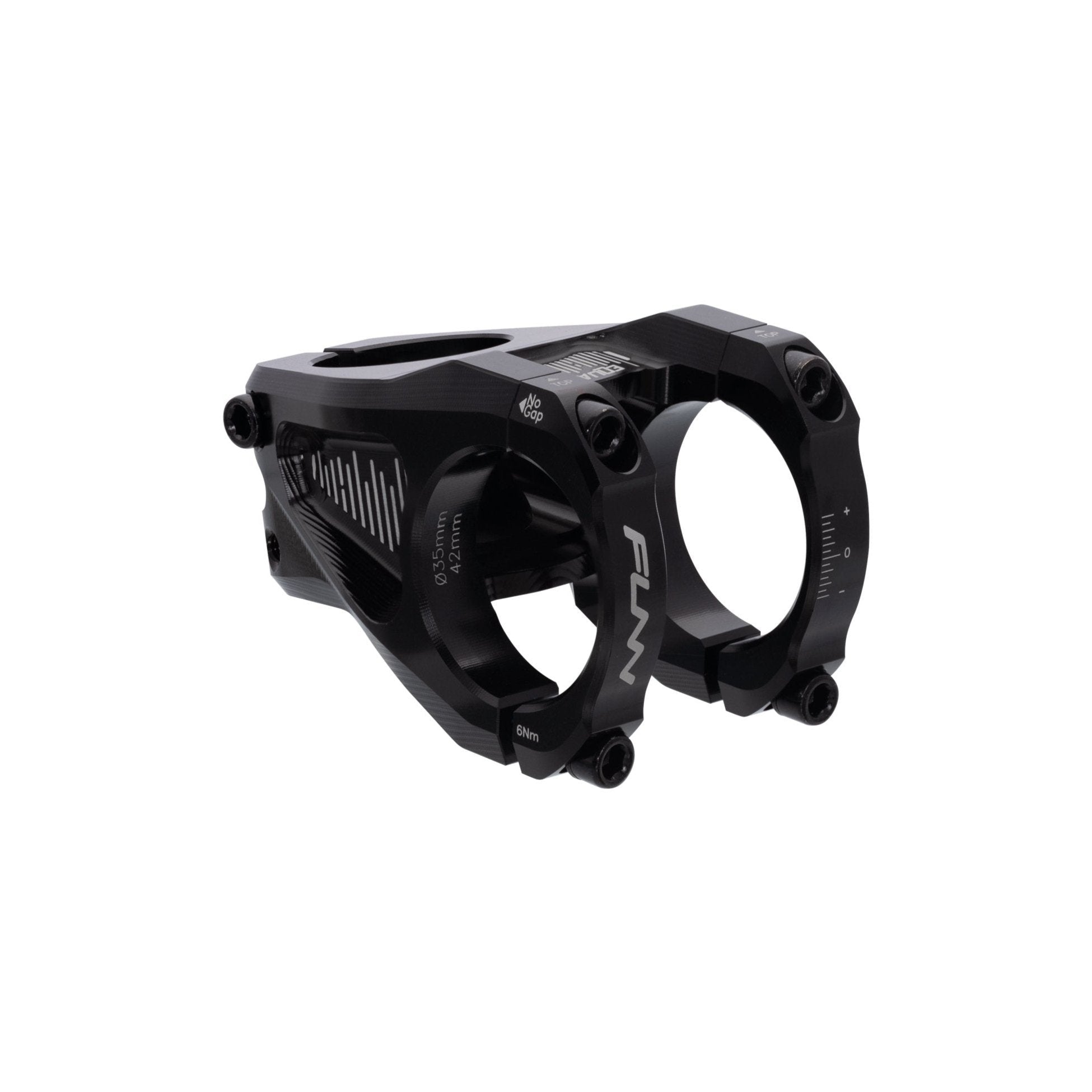 FUNN Equalizer Stem with black face clamps, CNC alloy mountain bike handlebar stem with dual clamp rings and etched markings
