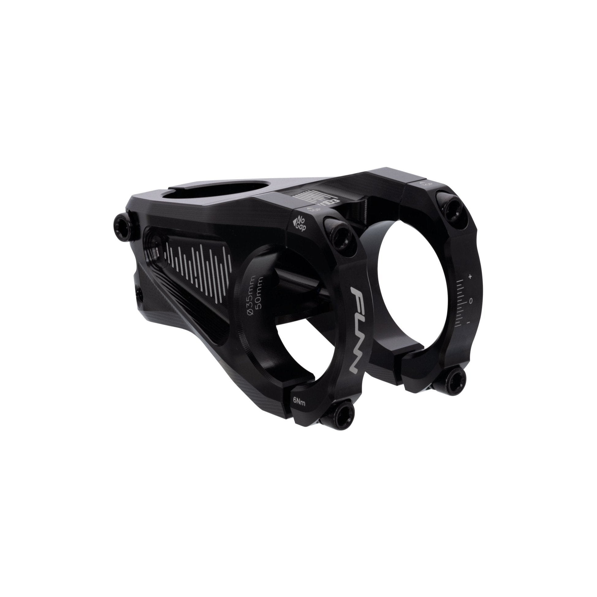 Black FUNN Equalizer Stem, CNC alloy bike stem with 35mm clamp and 50mm length, angular design and white alignment markings