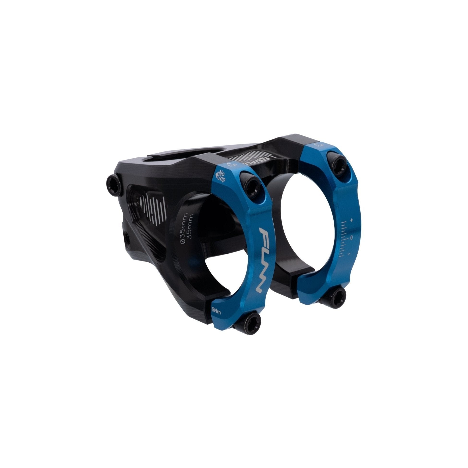 FUNN Equalizer Stem, black alloy body with dual blue face clamps for 35mm handlebars, lightweight MTB handlebar mount