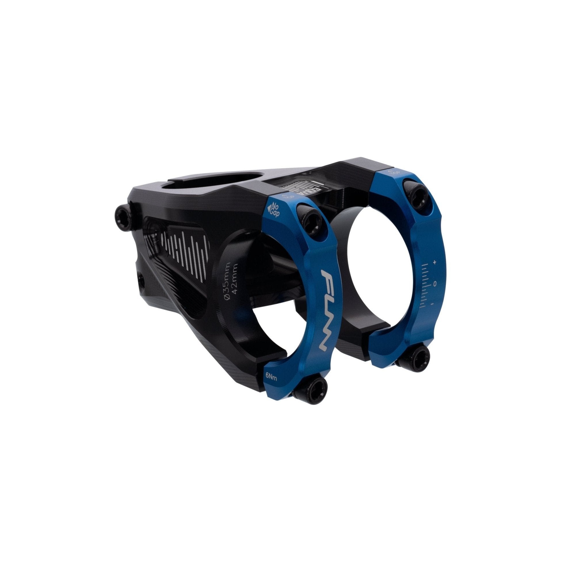 FUNN Equalizer Stem 35mm Blue clamps, 42mm length, CNC alloy mountain bike handlebar stem with dual blue clamps and black body