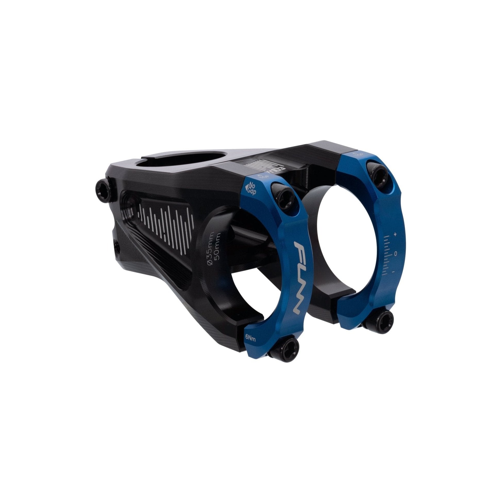 FUNN Equalizer Stem, black alloy body with blue 35mm clamp, 50mm length mountain bike handlebar stem for precise control