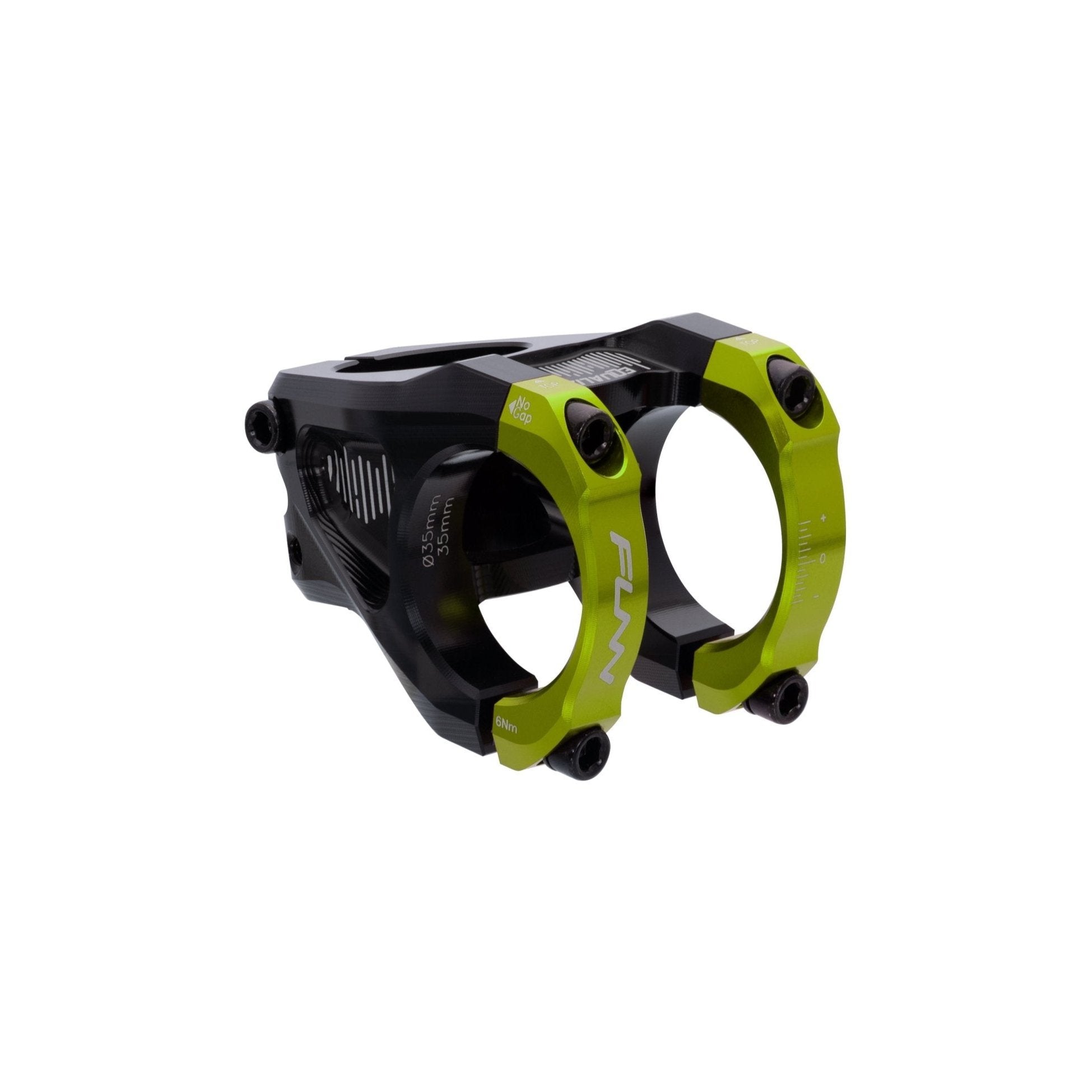FUNN Equalizer Stem with green face clamps, black CNC alloy body, dual-bolt design for secure mountain bike handlebar mounting