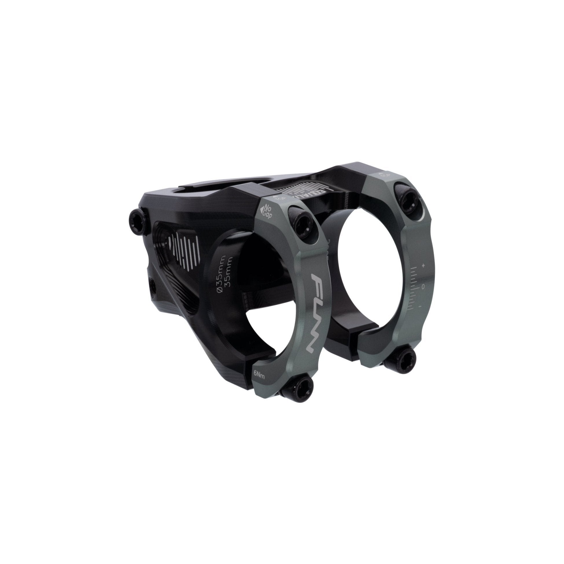 FUNN Equalizer Stem with CNC alloy body and grey face clamps, dual-bolt design for secure mountain bike handlebar mounting
