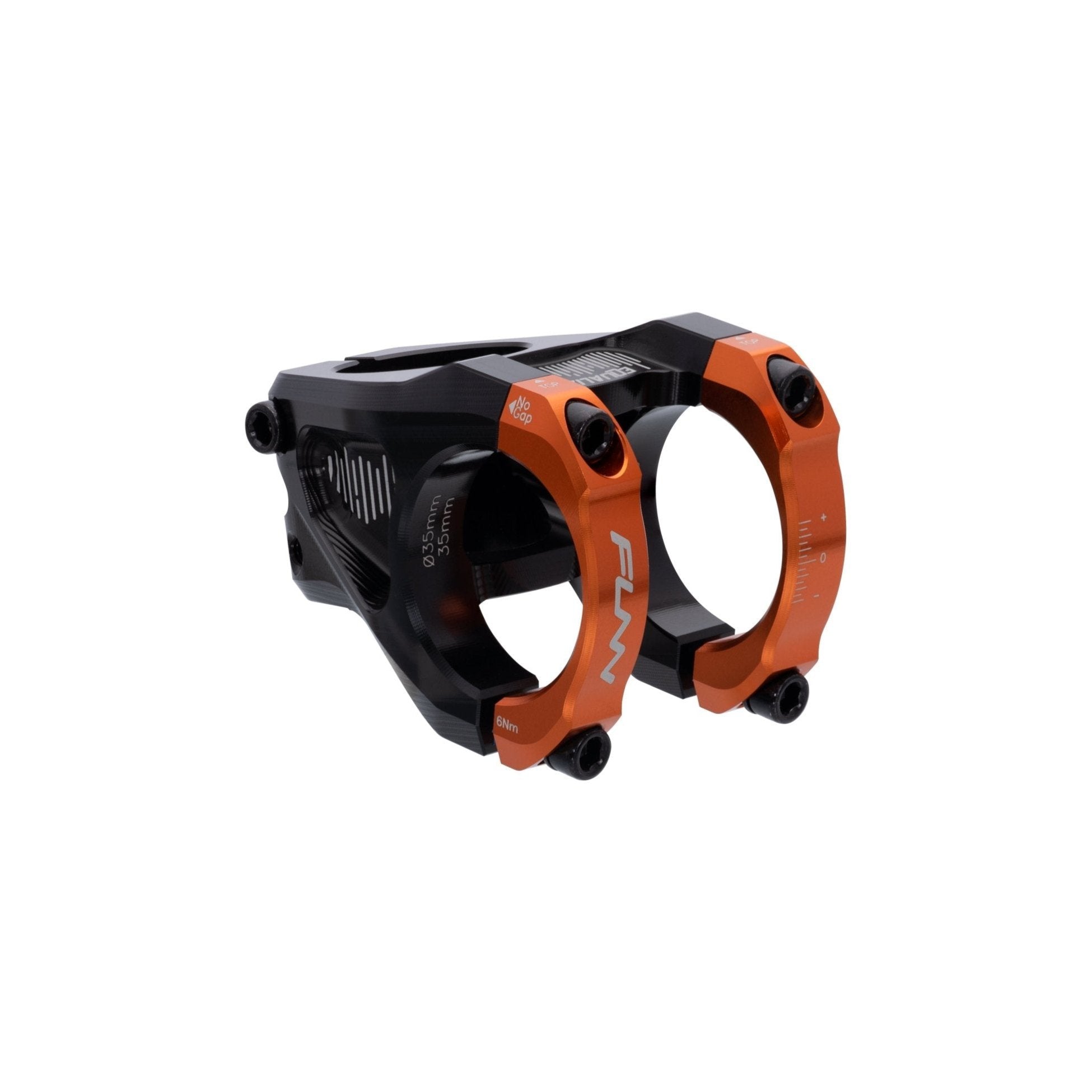 FUNN Equalizer Stem with CNC alloy body and bright orange face clamps for secure mountain bike handlebar mounting