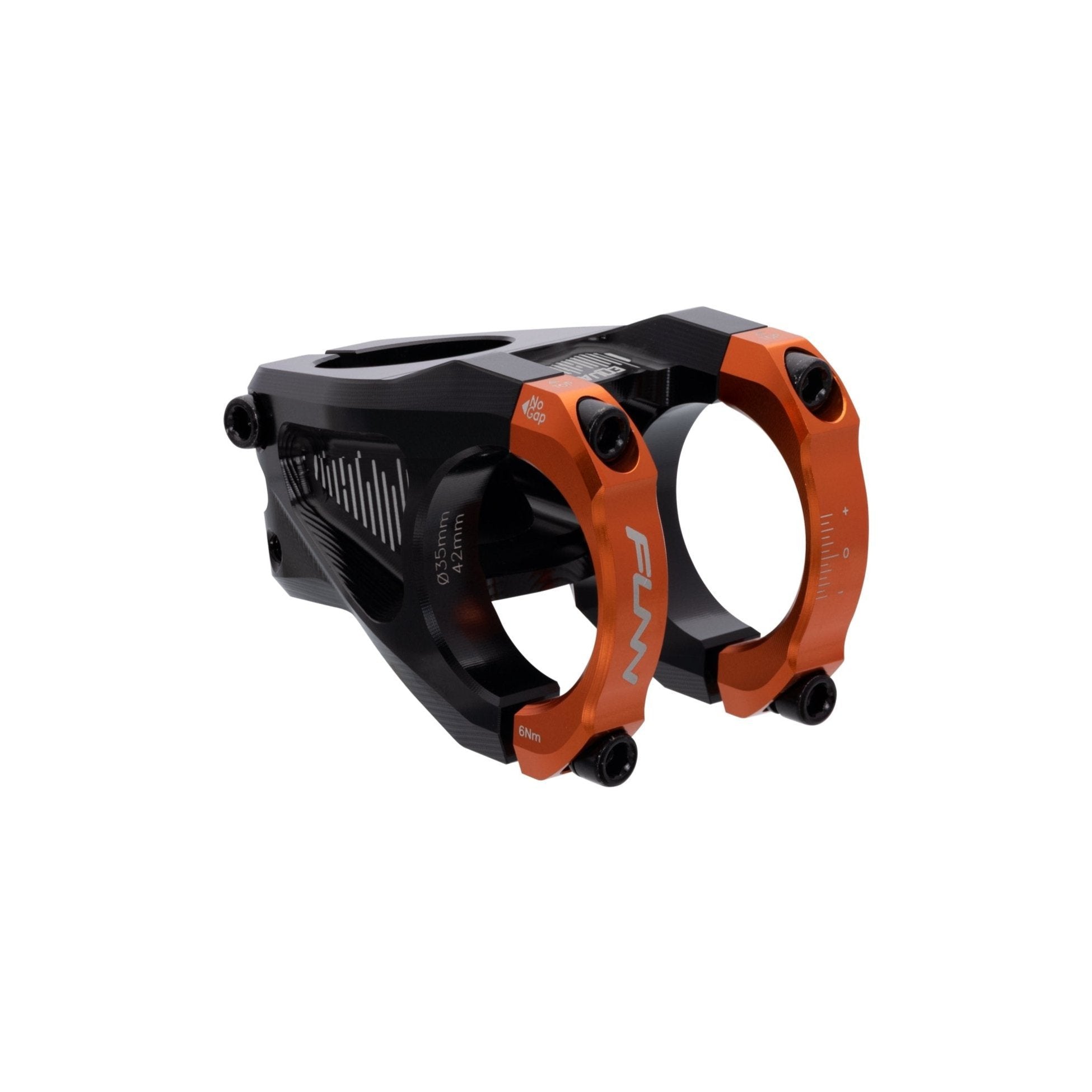 FUNN Equalizer Stem 35mm orange clamps, 42mm length, CNC alloy MTB handlebar stem with black body and dual front clamp bolts
