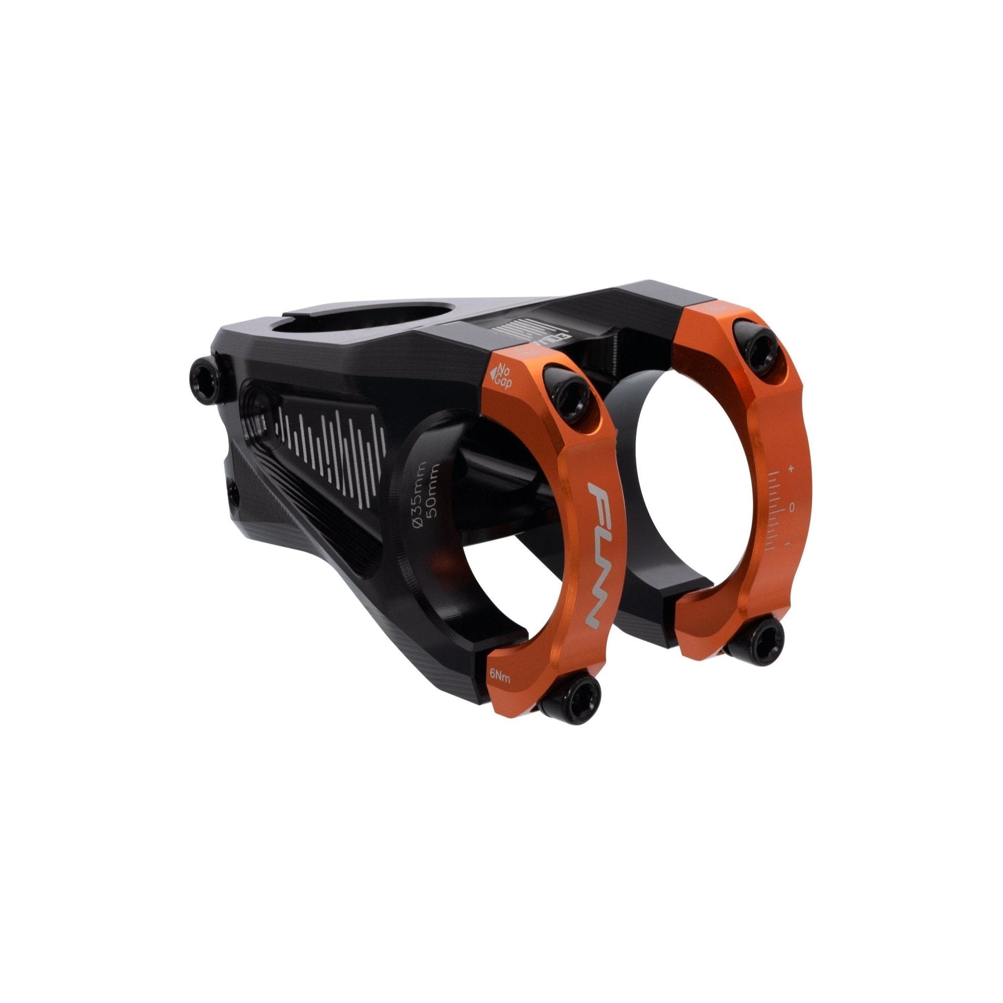 FUNN Equalizer Stem with 35mm clamp, 50mm length, black alloy body and orange faceplate for mountain bike handlebars