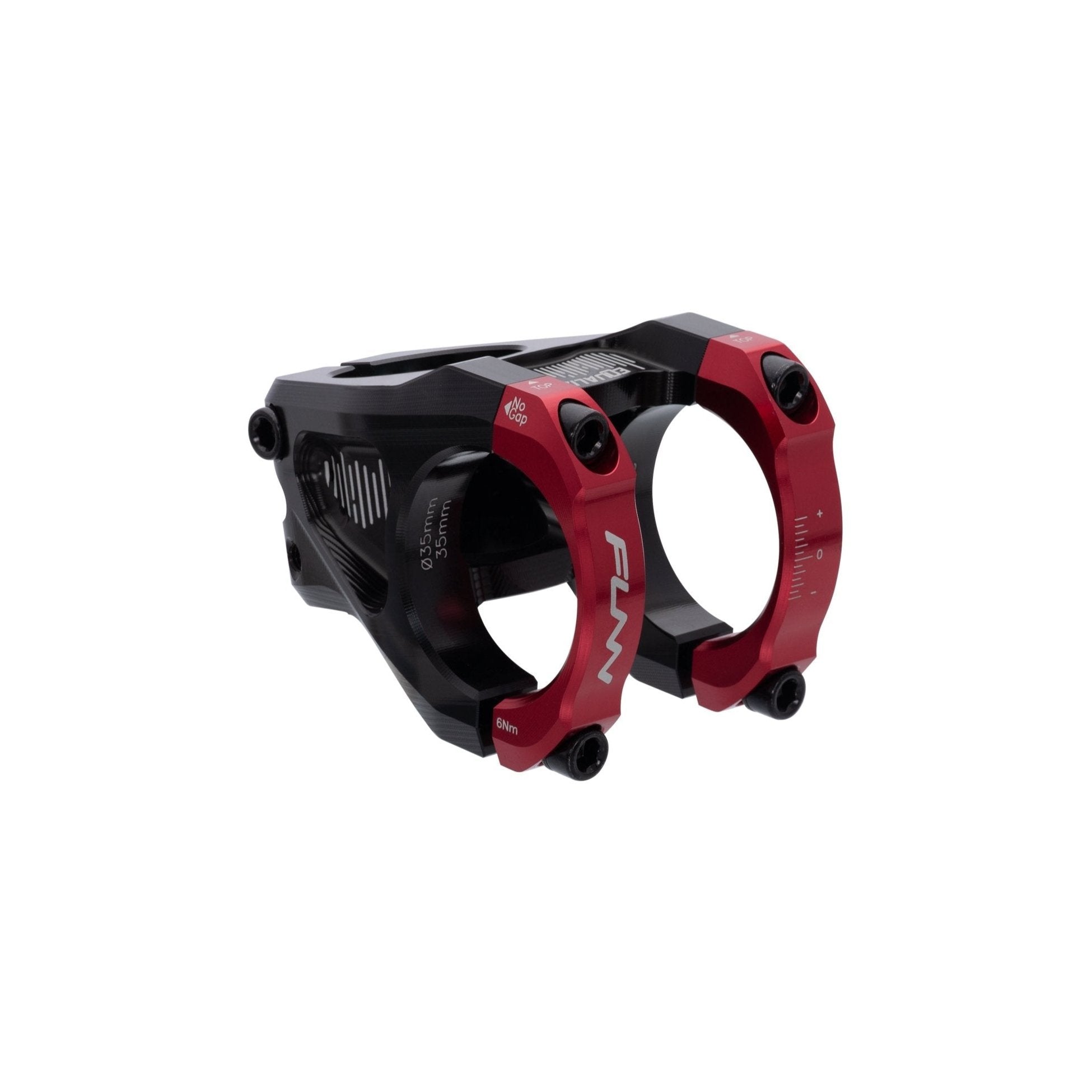 FUNN Equalizer Stem with CNC black alloy body and red face clamps for secure mountain bike handlebar mounting