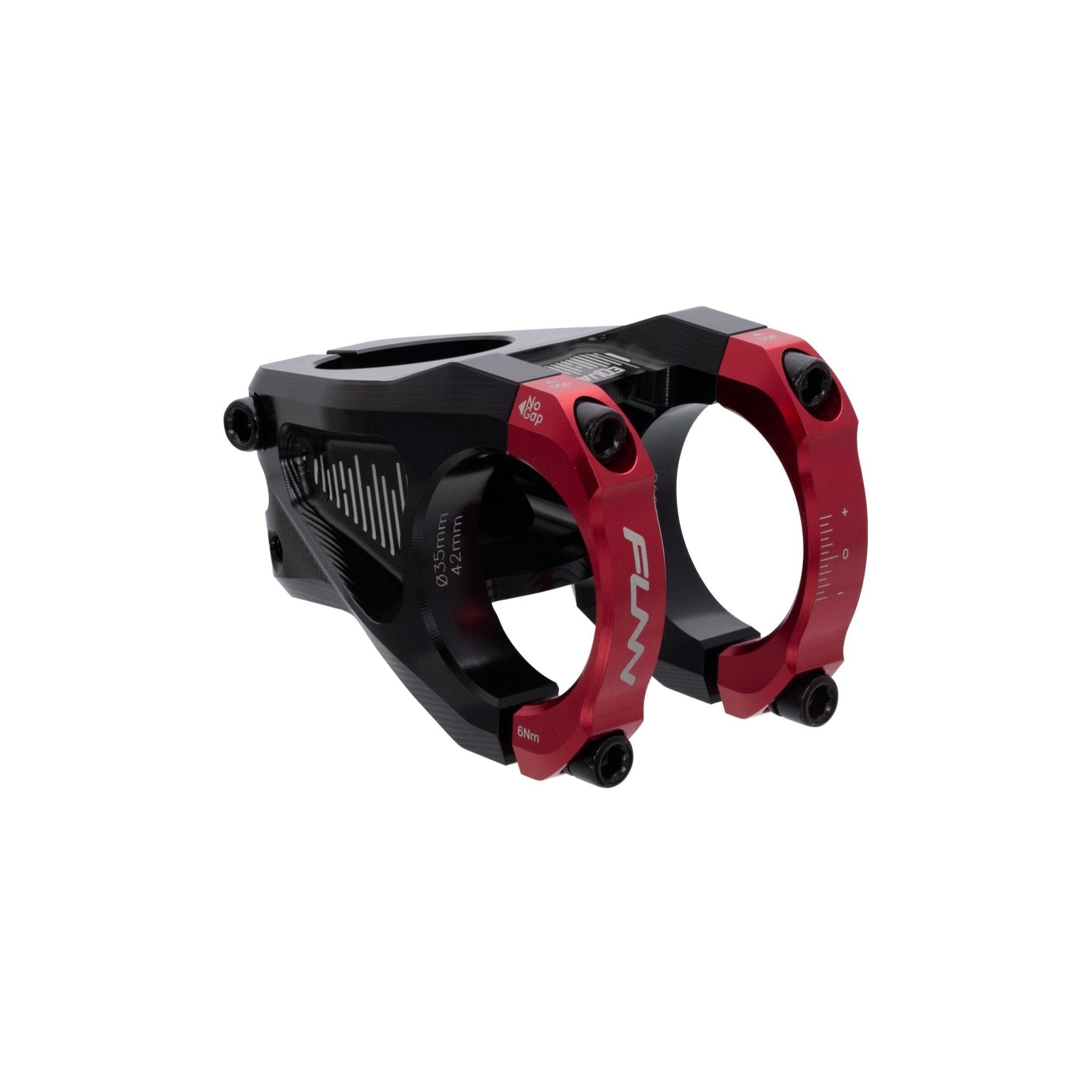 FUNN Equalizer Stem 35mm clamp, 42mm length, CNC alloy mountain bike handlebar stem with black body and twin red faceplates