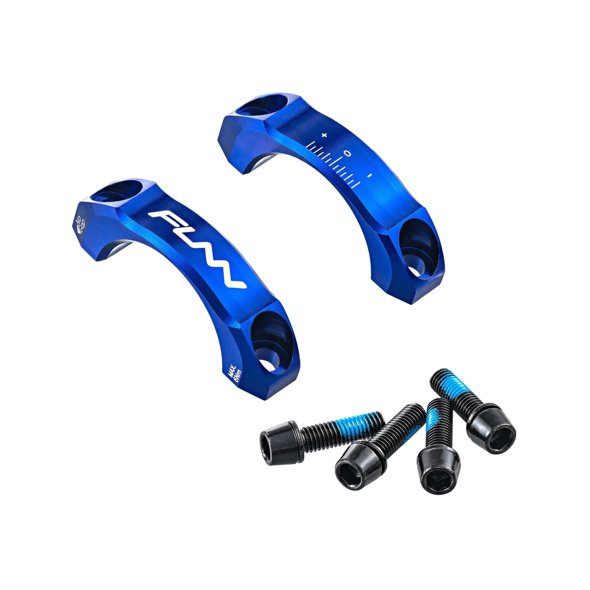 FUNN Equalizer Stem Cap Kit 31.8mm, blue anodized alloy faceplates with markings and black mounting bolts for bike handlebars