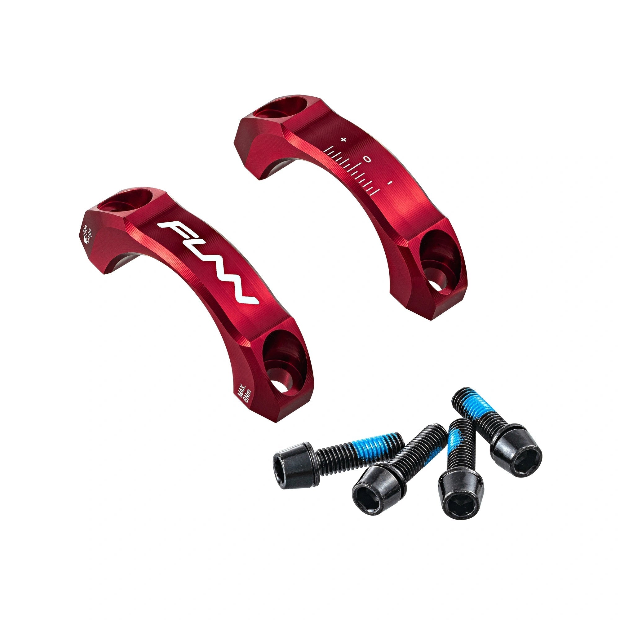 Red anodized FUNN Equalizer Stem Cap Kit 31.8mm with two alloy faceplates, scale markings and four black mounting bolts