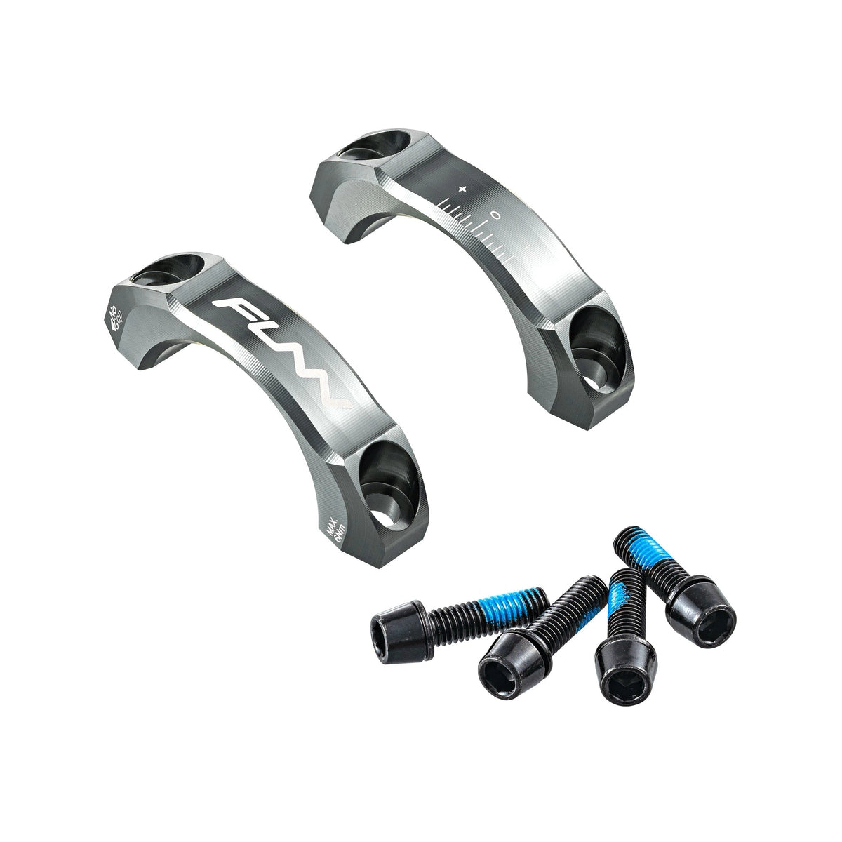 FUNN Equalizer Stem Cap Kit 31.8mm, gray alloy faceplates with logo, angle markings and black mounting bolts for bike handlebars