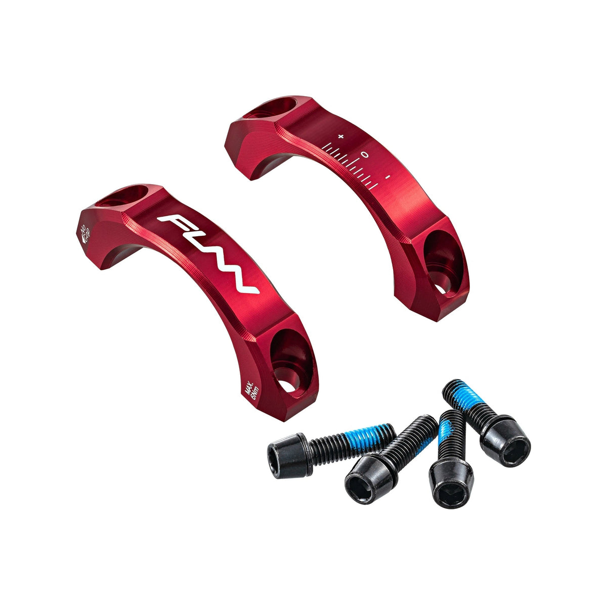 Red aluminum FUNN Equalizer Stem Cap Kit 31.8mm with two faceplates, alignment markings and four black mounting bolts