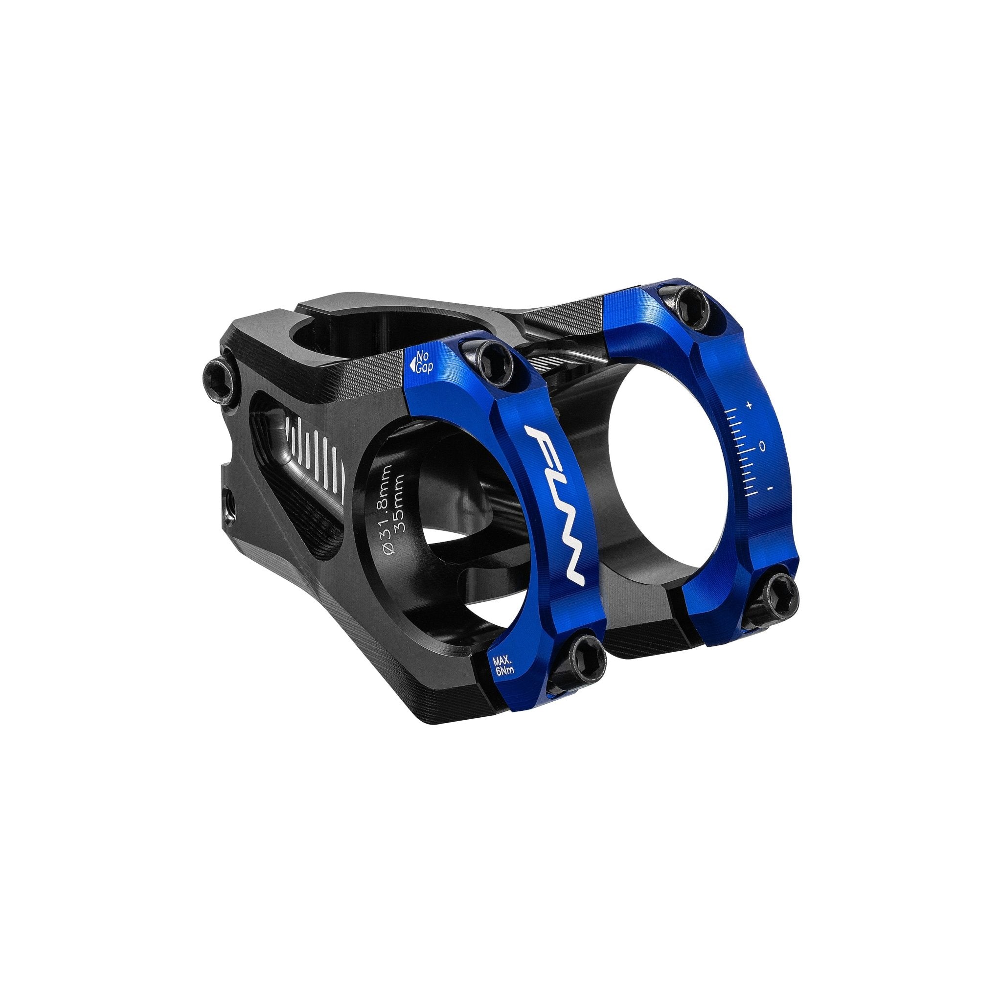 FUNN Equalizer Zero Stem, black CNC alloy with blue faceplate, 31.8mm clamp, 35mm length MTB handlebar stem