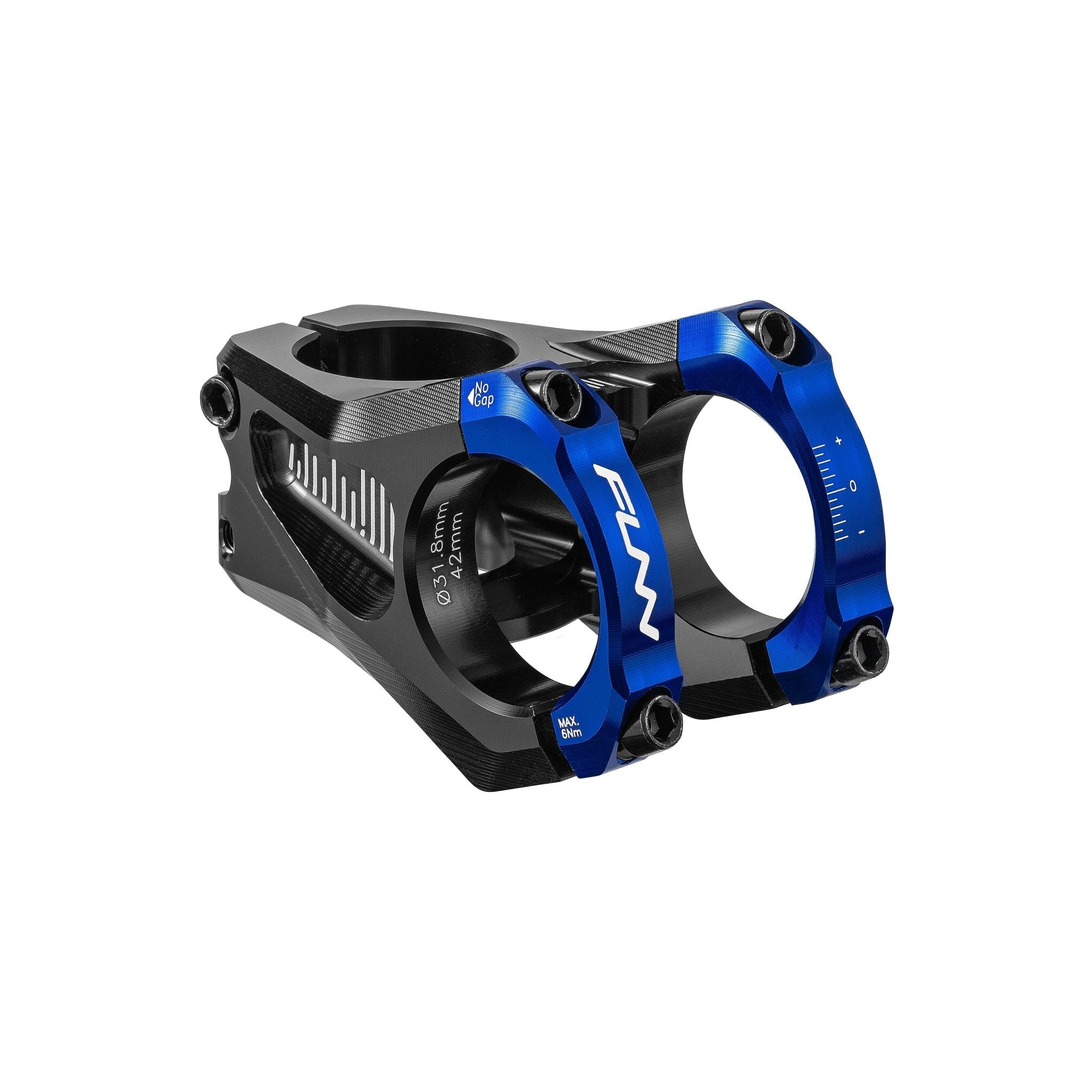 FUNN Equalizer Zero Stem, black 31.8mm clamp 42mm length, blue faceplate, lightweight alloy mountain bike handlebar stem
