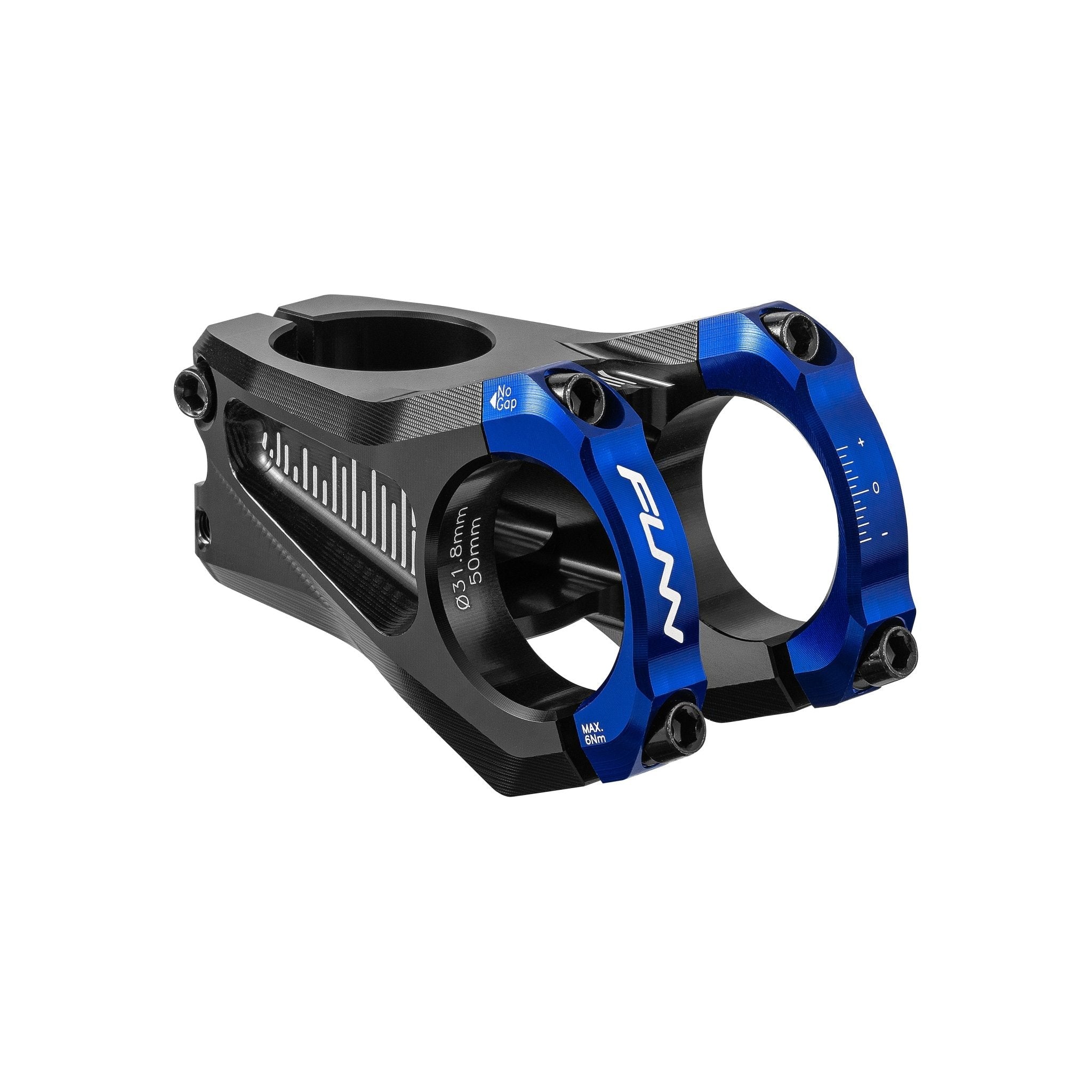 FUNN Equalizer Zero Stem, 31.8mm blue clamp,  50mm length CNC alloy bike stem with dual clamp design and adjustment markings