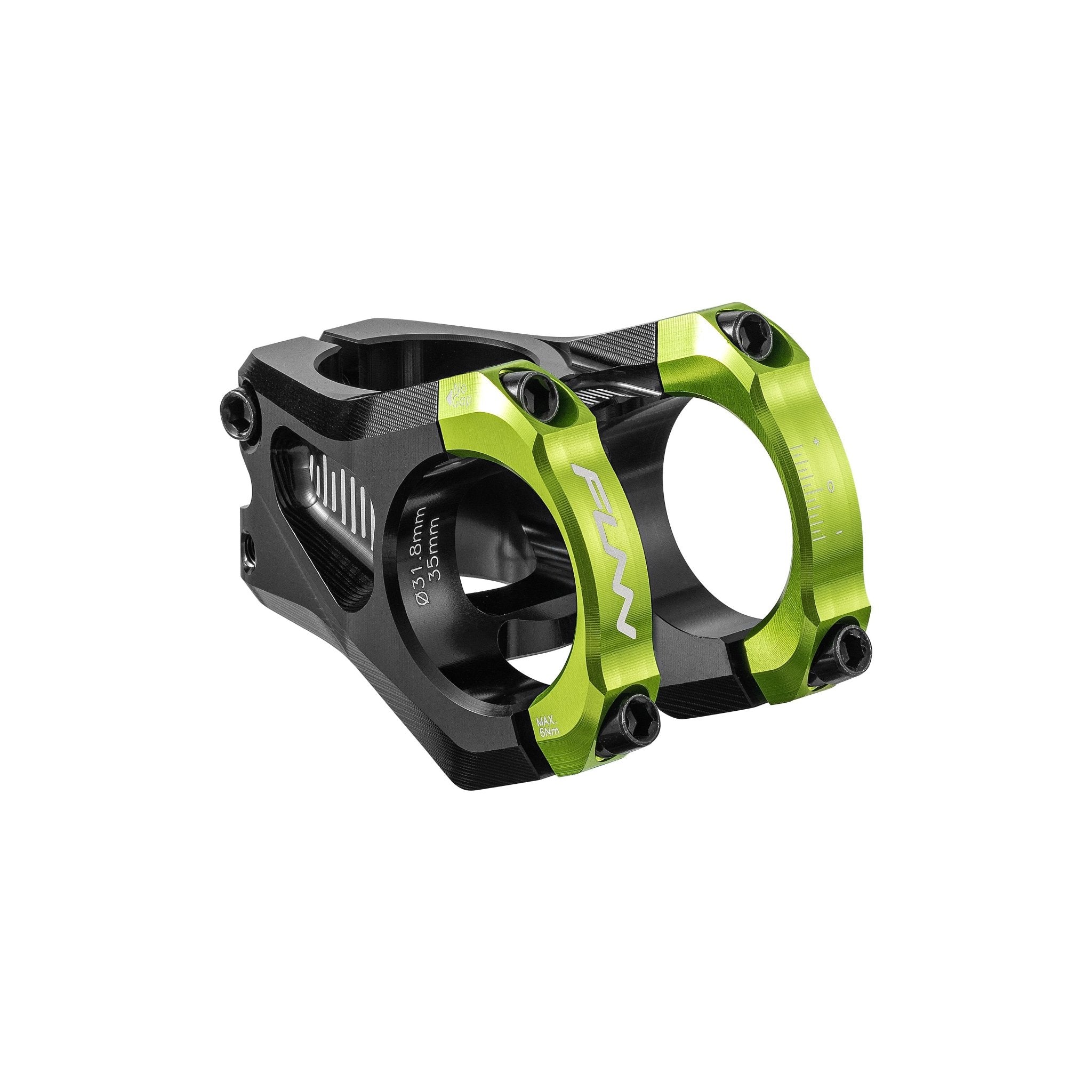 FUNN Equalizer Zero Stem, black 31.8mm clamp 35mm length, CNC alloy MTB handlebar stem with green faceplate and bolts