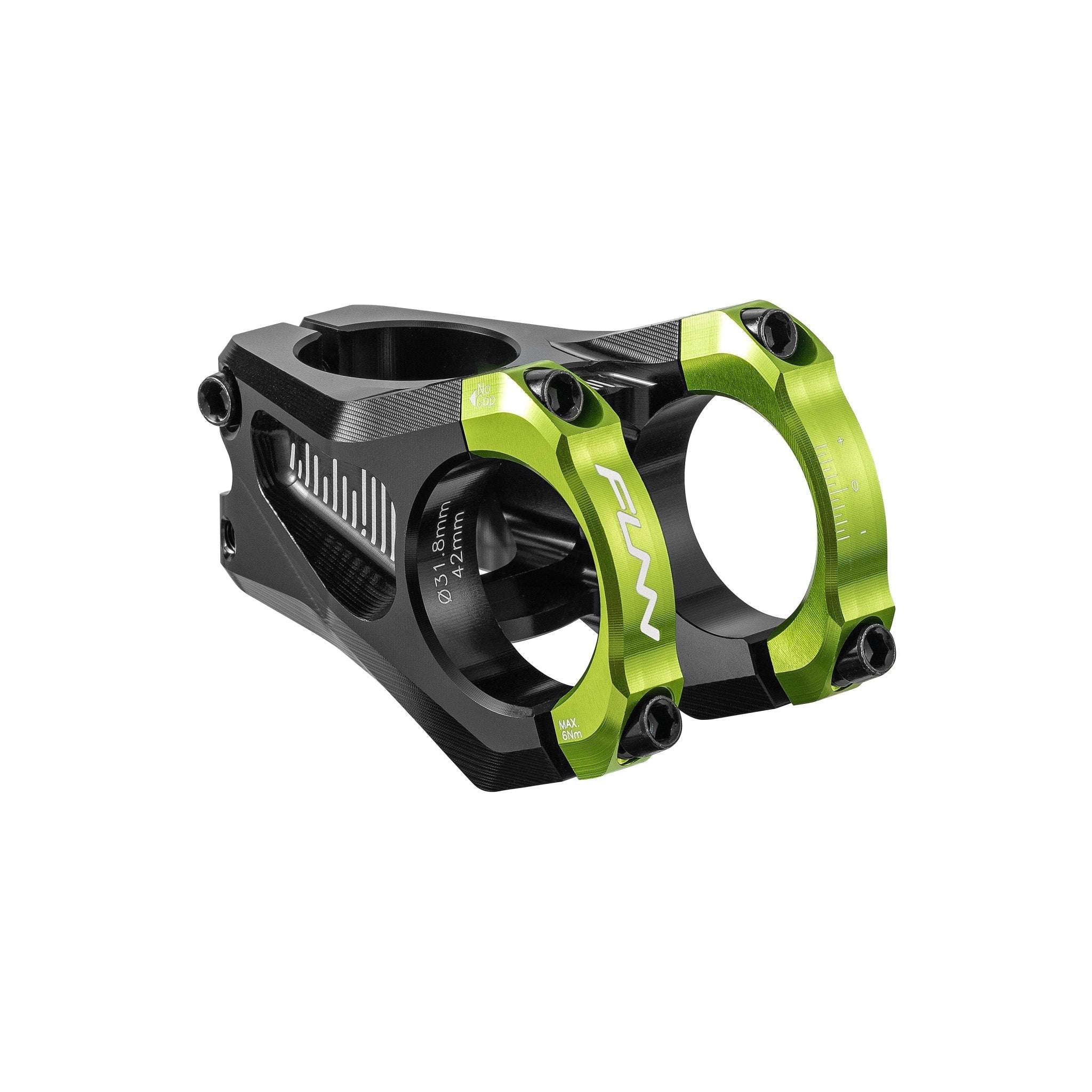 FUNN Equalizer Zero Stem, black alloy 31.8mm clamp, 42mm length, green faceplate, short MTB handlebar stem