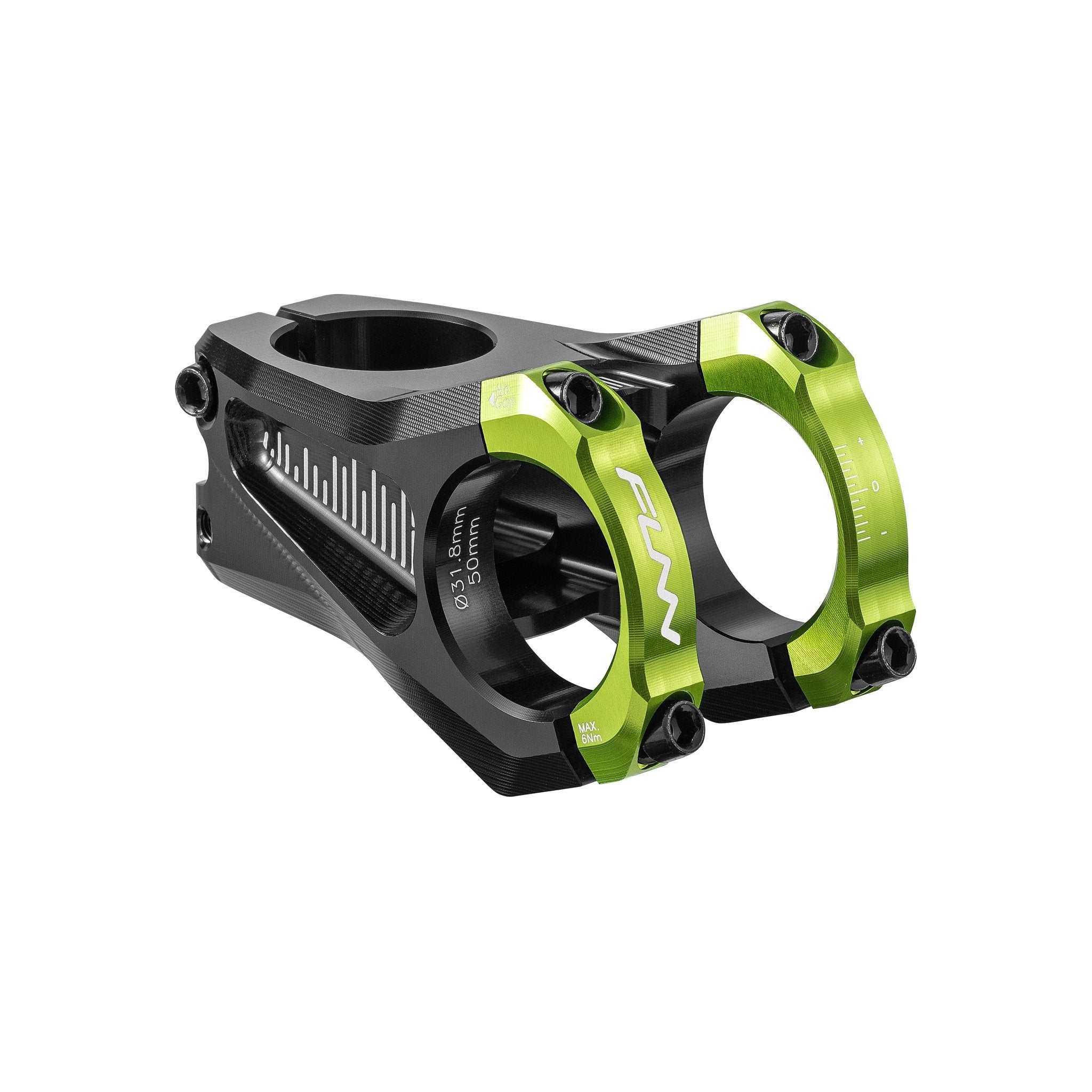 FUNN Equalizer Zero Stem, 31.8mm green clamps, 50mm length, alloy bike handlebar stem with black body and adjustment markings