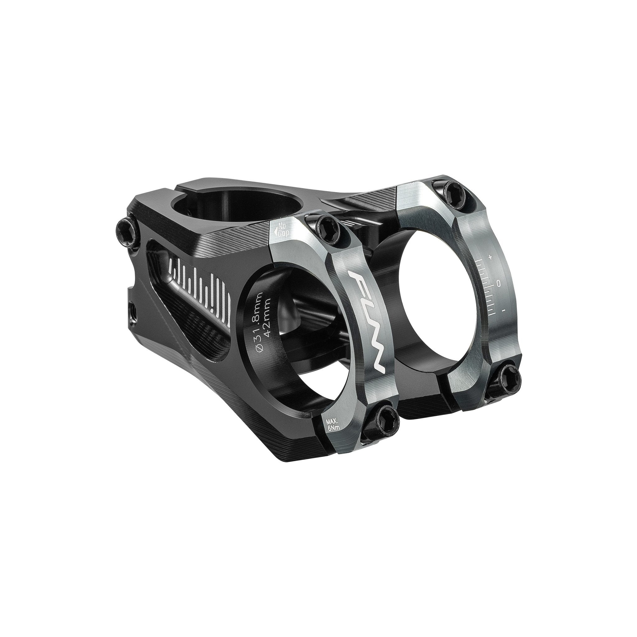 FUNN Equalizer Zero Stem, black alloy MTB handlebar stem with grey 31.8mm clamp and 42mm length, zero-rise performance design