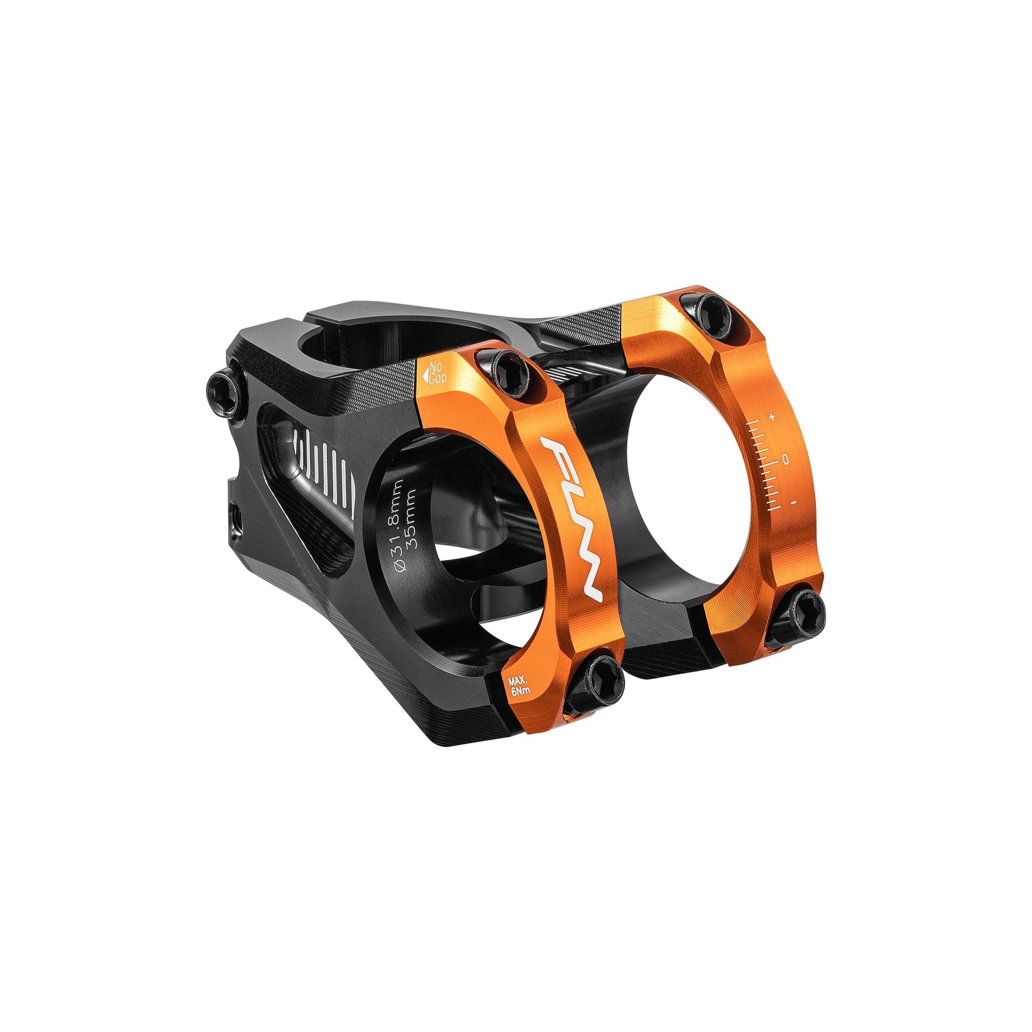 FUNN Equalizer Zero Stem, black 31.8mm clamp 35mm length, orange faceplate, CNC alloy mountain bike handlebar stem