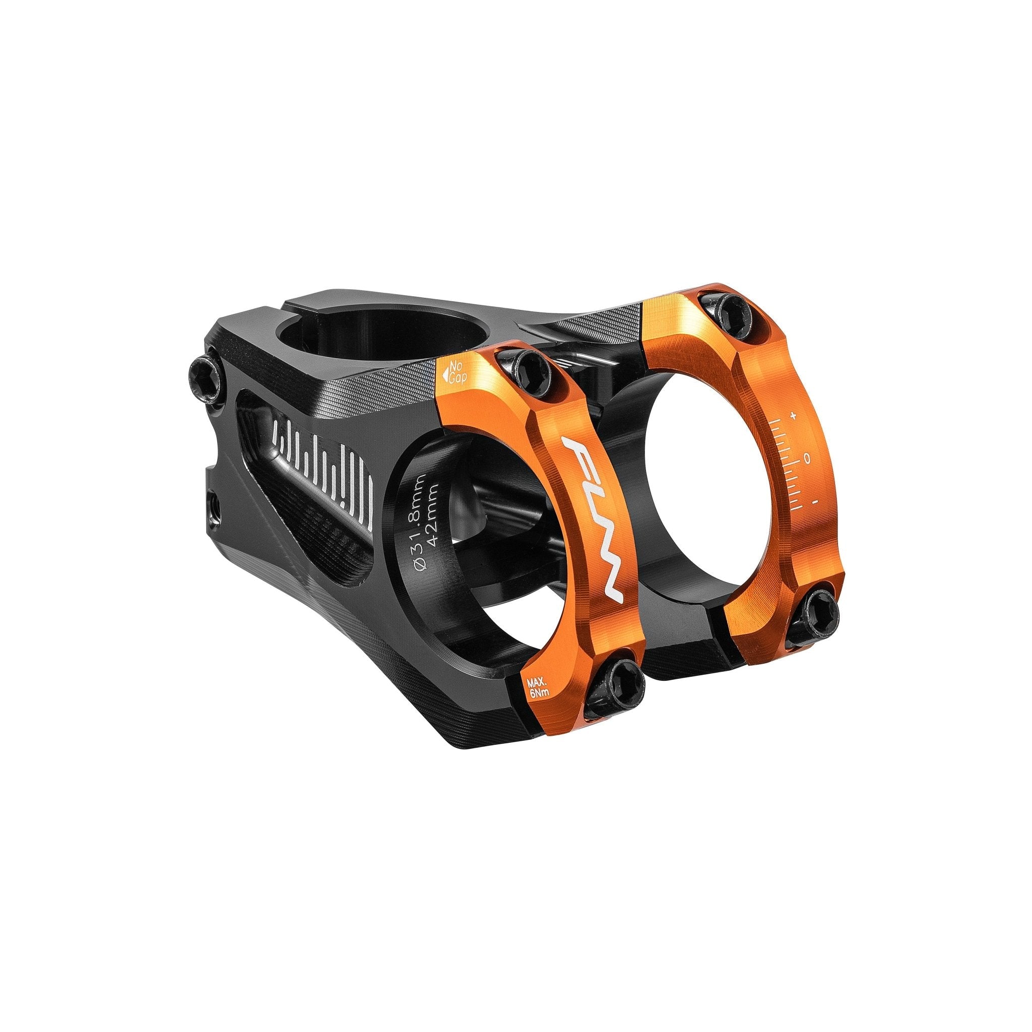 FUNN Equalizer Zero Stem, black alloy 31.8mm clamp, 42mm length, orange faceplate, lightweight MTB handlebar stem