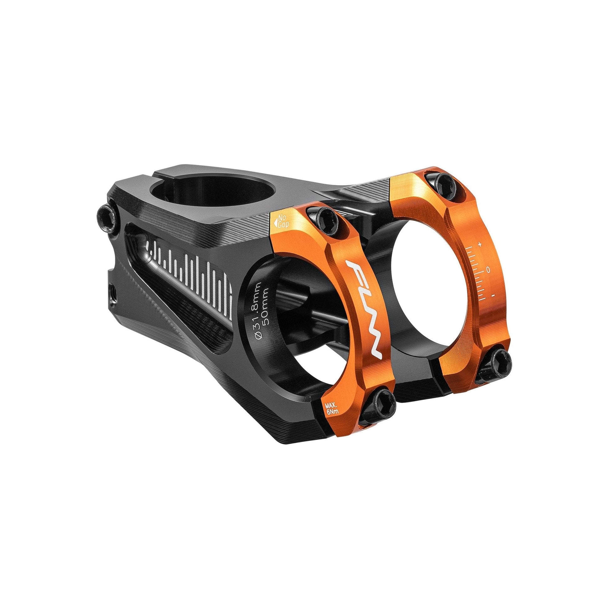 Funn mountain bike components - Equalizer Zero Stem 31.8mm Orange 50mm in a white background.