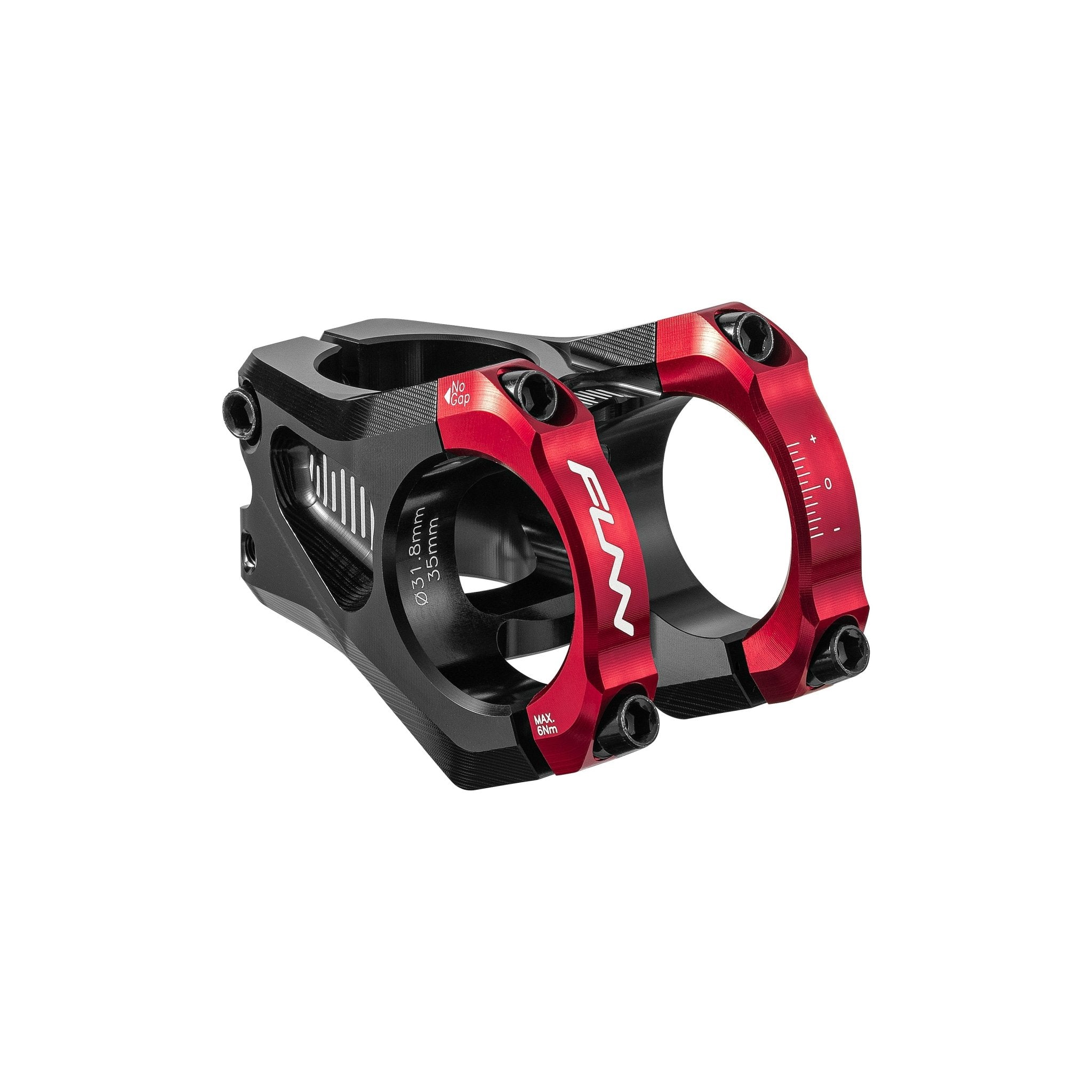 FUNN Equalizer Zero Stem, black 31.8mm clamp, 35mm length, CNC alloy MTB handlebar stem with red faceplate and bolts