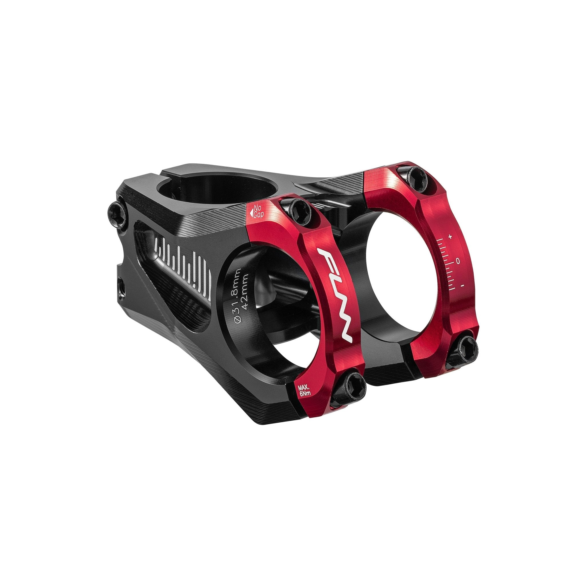 FUNN Equalizer Zero Stem, 31.8mm red clamp, 42mm length, CNC alloy mountain bike handlebar stem with black body and dual clamp design