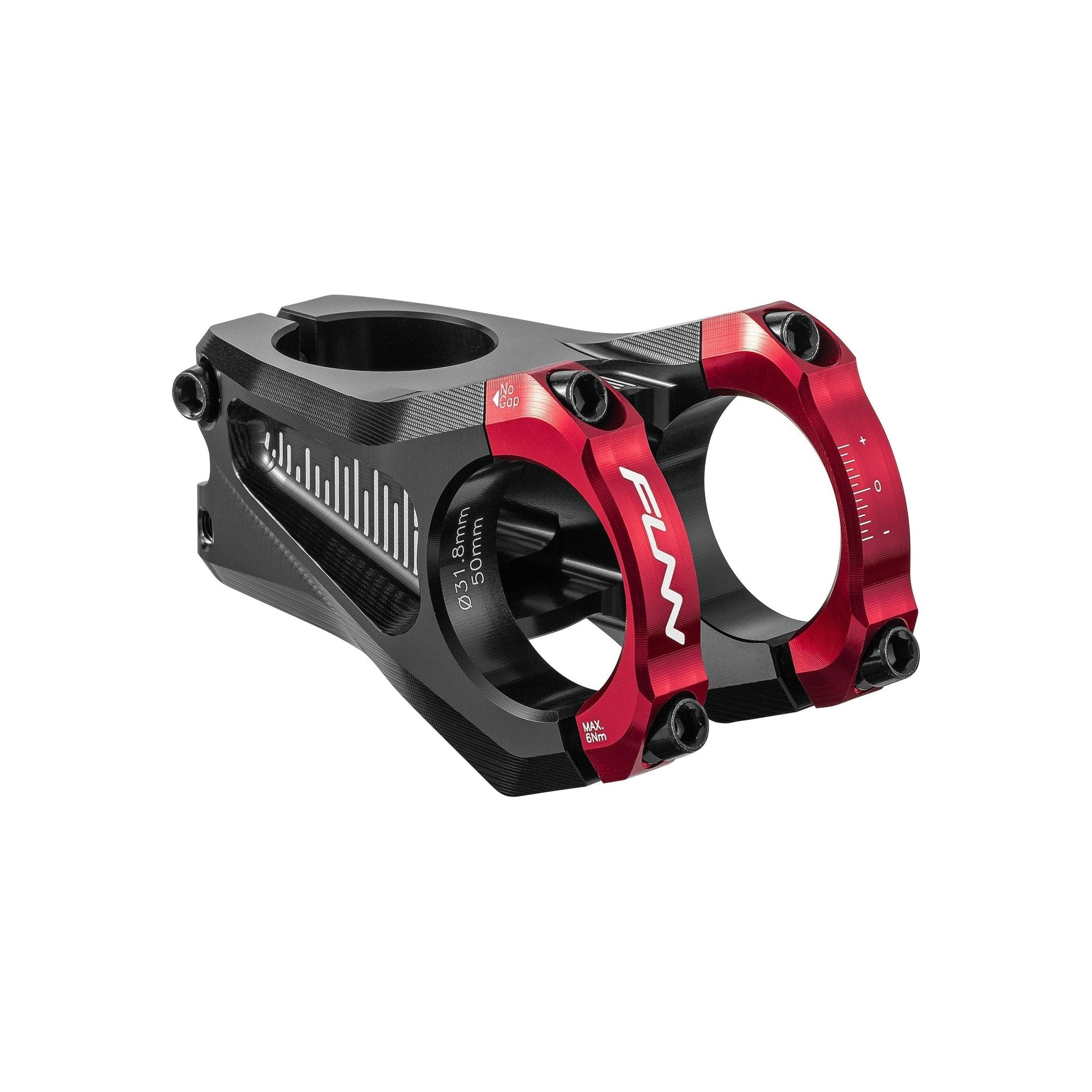 Funn mountain bike components - Equalizer Zero Stem 31.8mm Red 50mm in a white background.