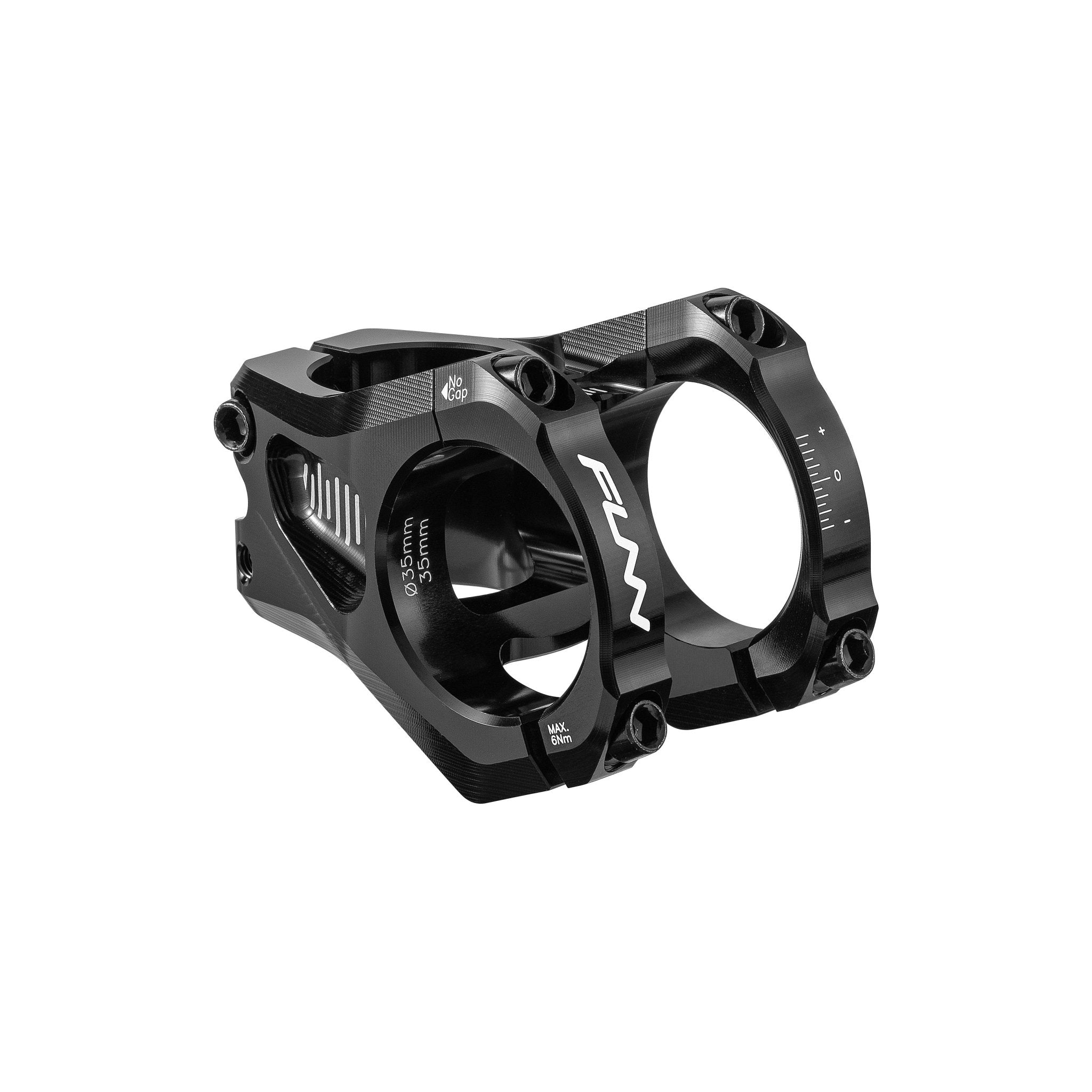 Black FUNN Equalizer Zero Stem, CNC alloy zero rise bike stem with 35mm clamp and dual-bolt design for precise handlebar control