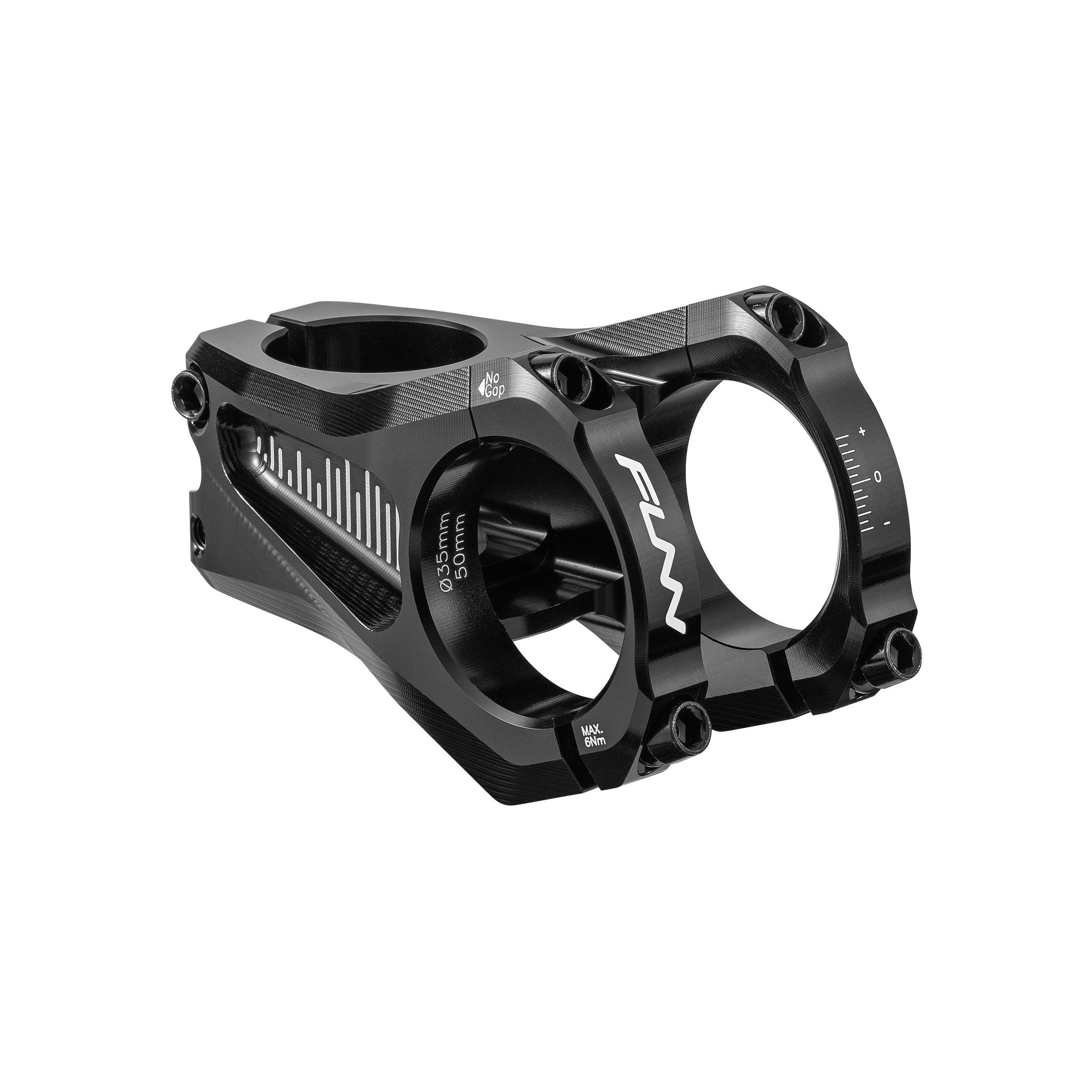 FUNN Equalizer Zero Stem, black 35mm handlebar, 50mm length, CNC alloy mountain bike stem with dual clamp and markings