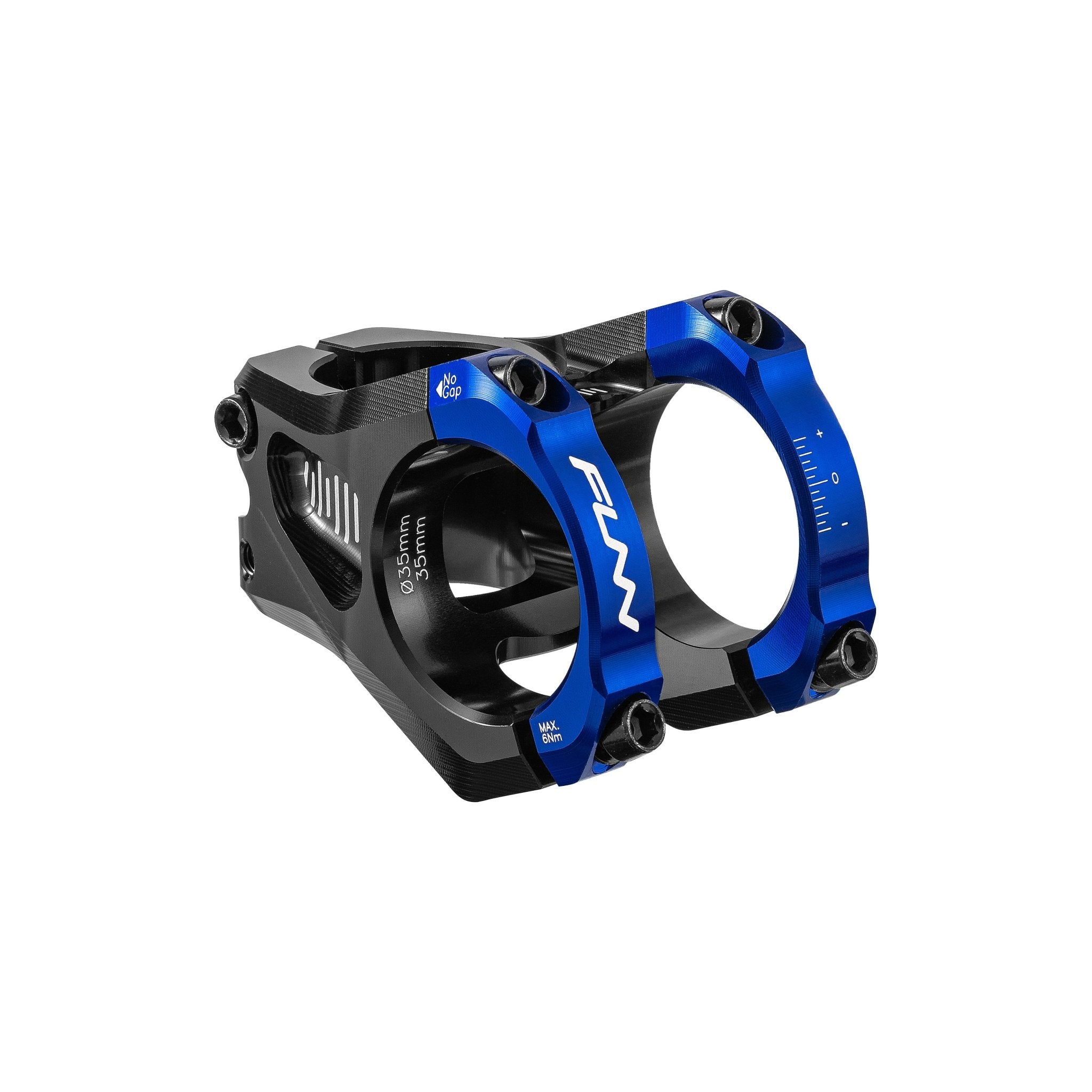 FUNN Equalizer Zero Stem, 35mm blue clamps,  35mm length, CNC alloy mountain bike handlebar stem with dual clamp and zero rise design