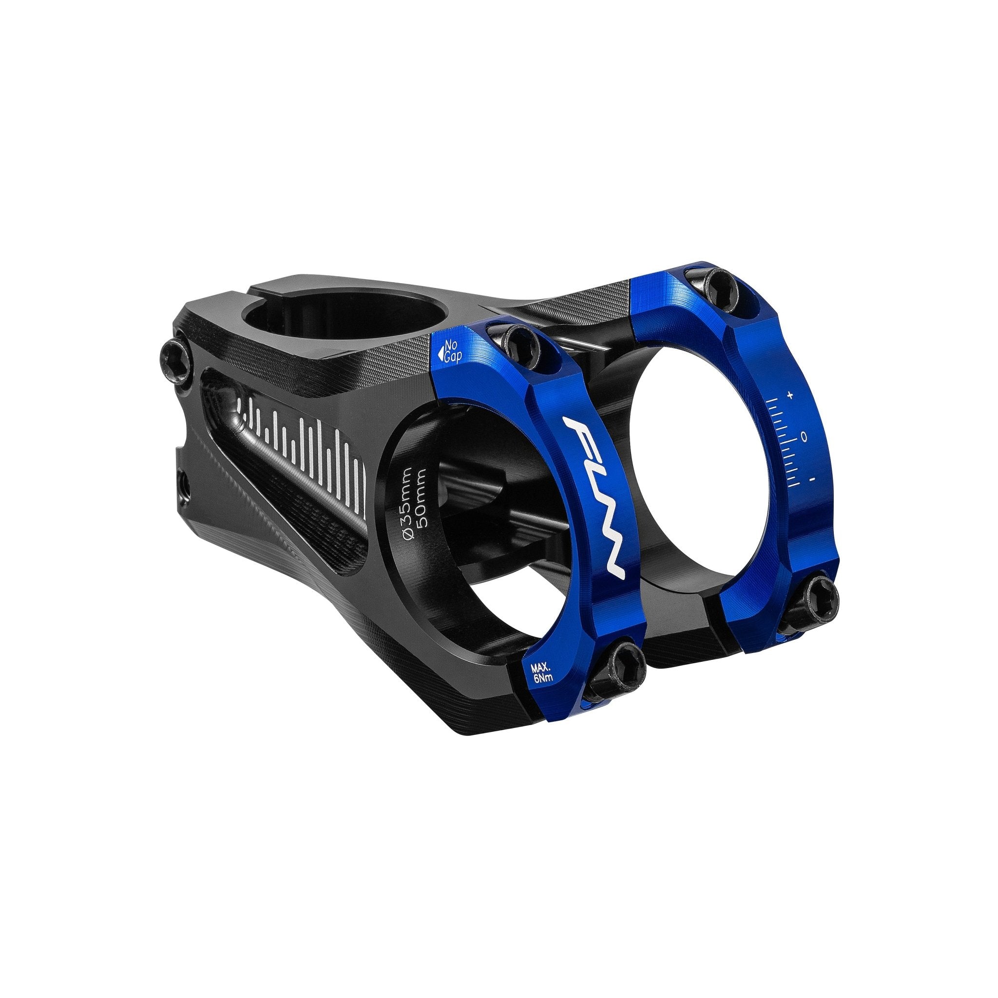FUNN Equalizer Zero Stem, black and blue alloy MTB stem with 35mm clamp and 50mm length for precise handlebar control