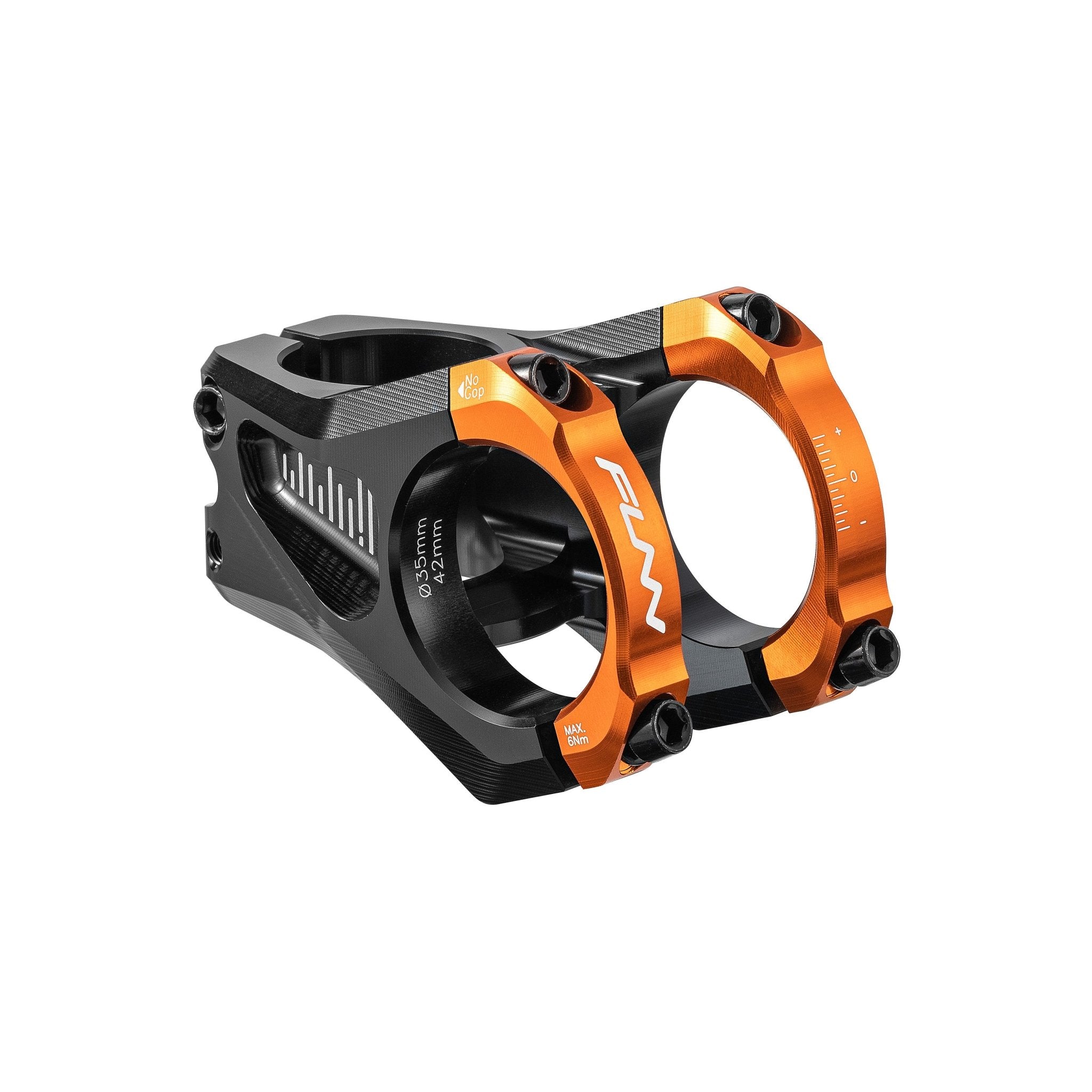 FUNN Equalizer Zero Stem, 35mm clamp, 35mm length, black and orange CNC alloy MTB handlebar stem with dual bolt faceplate