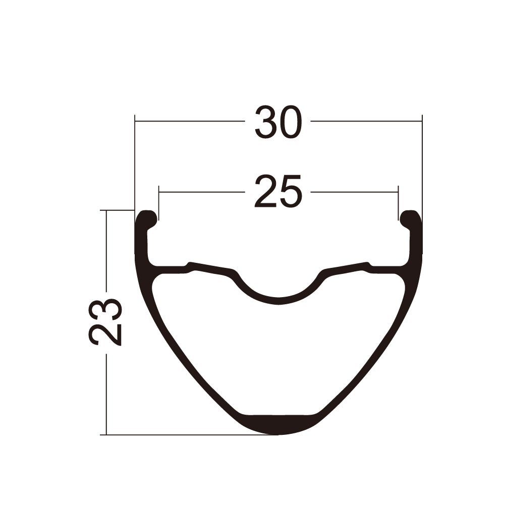 Fantom AM30 FUNN rim cross‑section diagram showing 30mm external, 25mm internal width and 23mm depth for MTB wheel design
