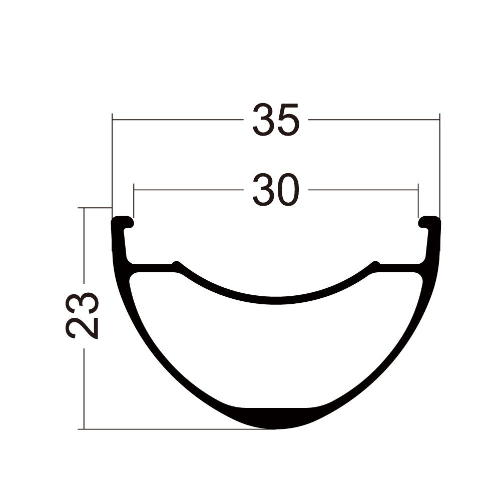 Fantom AM35 FUNN rim cross-section diagram showing 35mm outer width, 30mm inner width and 23mm depth for MTB wheel